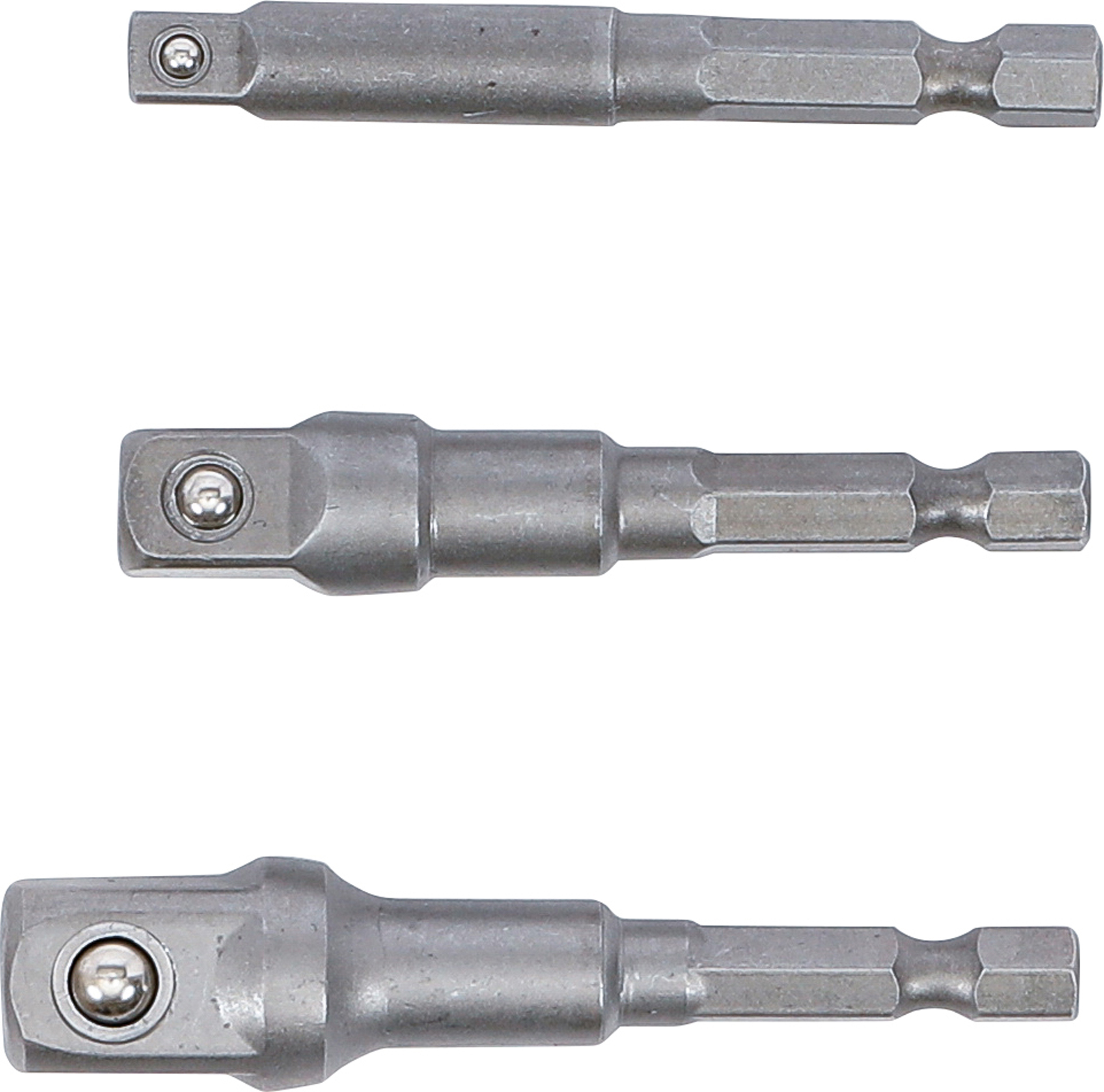 BGS Adapter-Satz für Bohrmaschinen | Außensechskant Antrieb 6,3 mm (1/4") | Abtrieb Außenvierkant 6,3 mm (1/4"), 10 mm (3/8"), 12,5 mm (1/2") | 3-tlg.