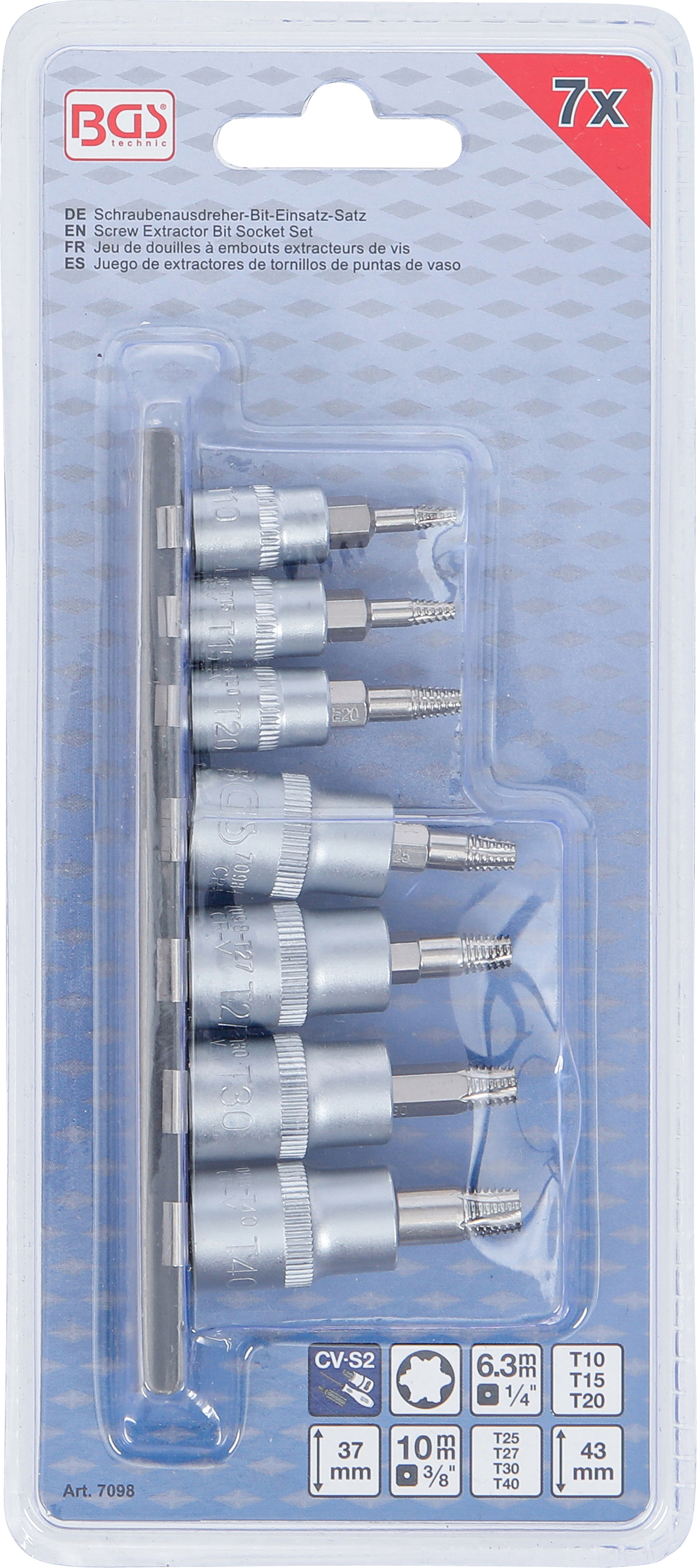 BGS Schraubenausdreher-Bit-Einsatz-Satz | Antrieb Innenvierkant 6,3 mm (1/4") / 10 mm (3/8") | für defektes T-Profil (für Torx) | T10 - T40 | 7-tlg.