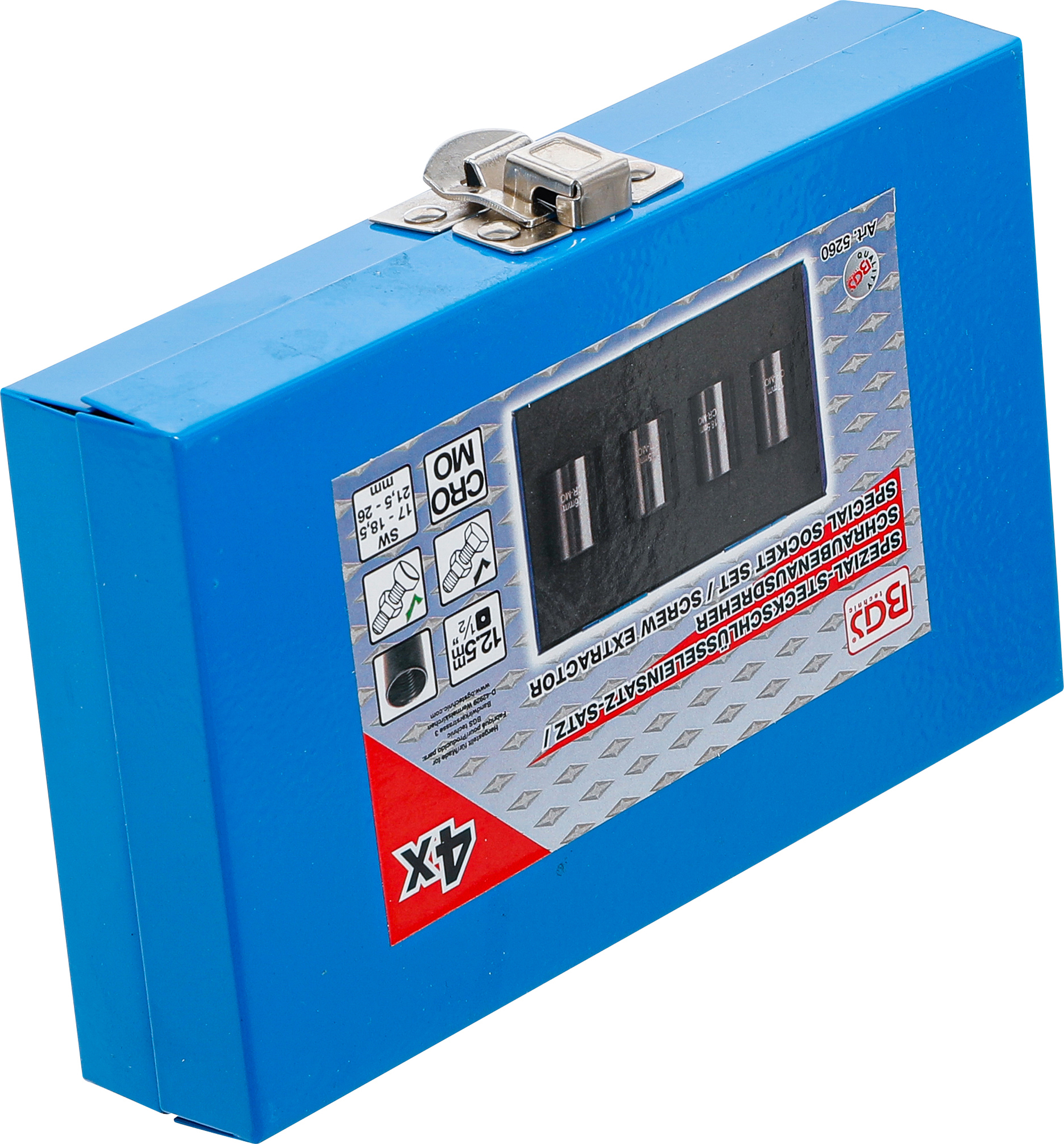 BGS Spiral-Profil-Steckschlüssel-Satz / Schraubenausdreher | Antrieb Innenvierkant 12,5 mm (1/2") | SW 17 - 26 mm | 4-tlg.