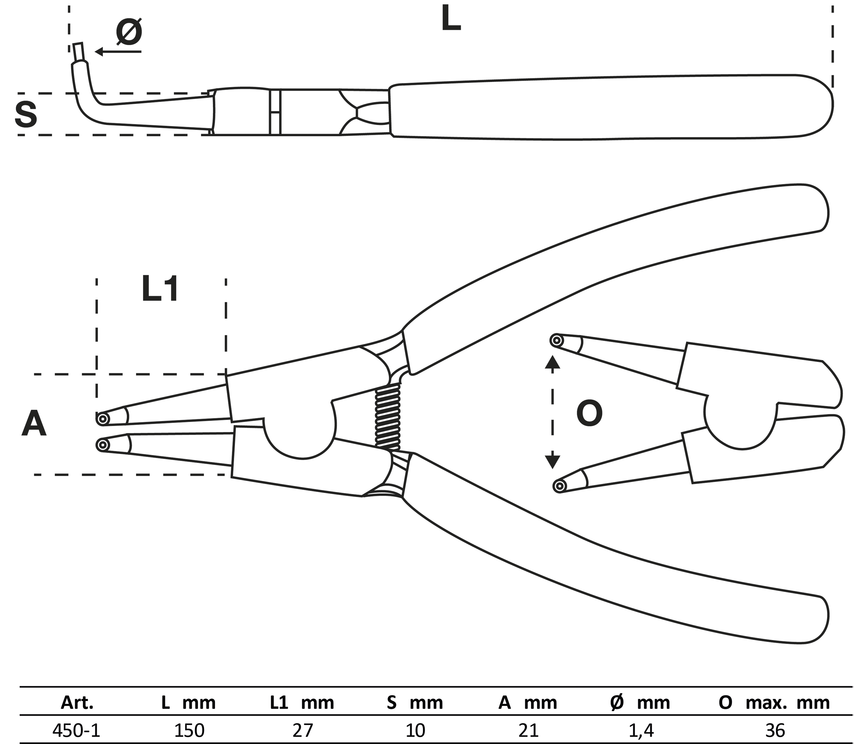 BGS Sprengringzange | abgewinkelt | für Außensprengringe | 150 mm