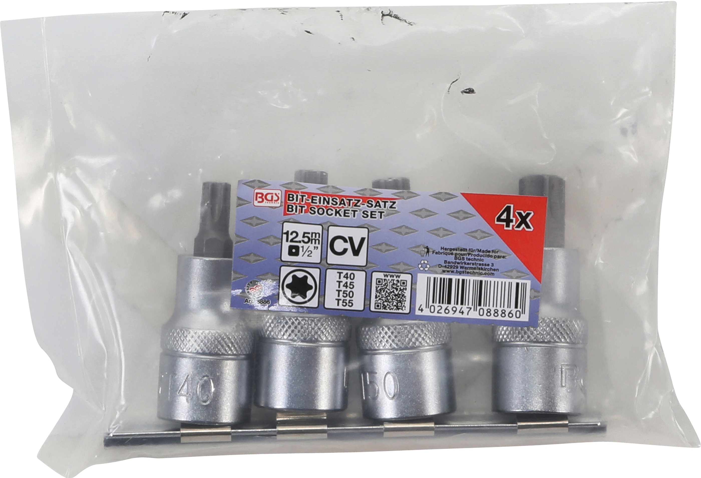 BGS Bit-Einsatz-Satz | Antrieb Innenvierkant 12,5 mm (1/2") | T-Profil (für Torx) T40 - T55 | 4-tlg.