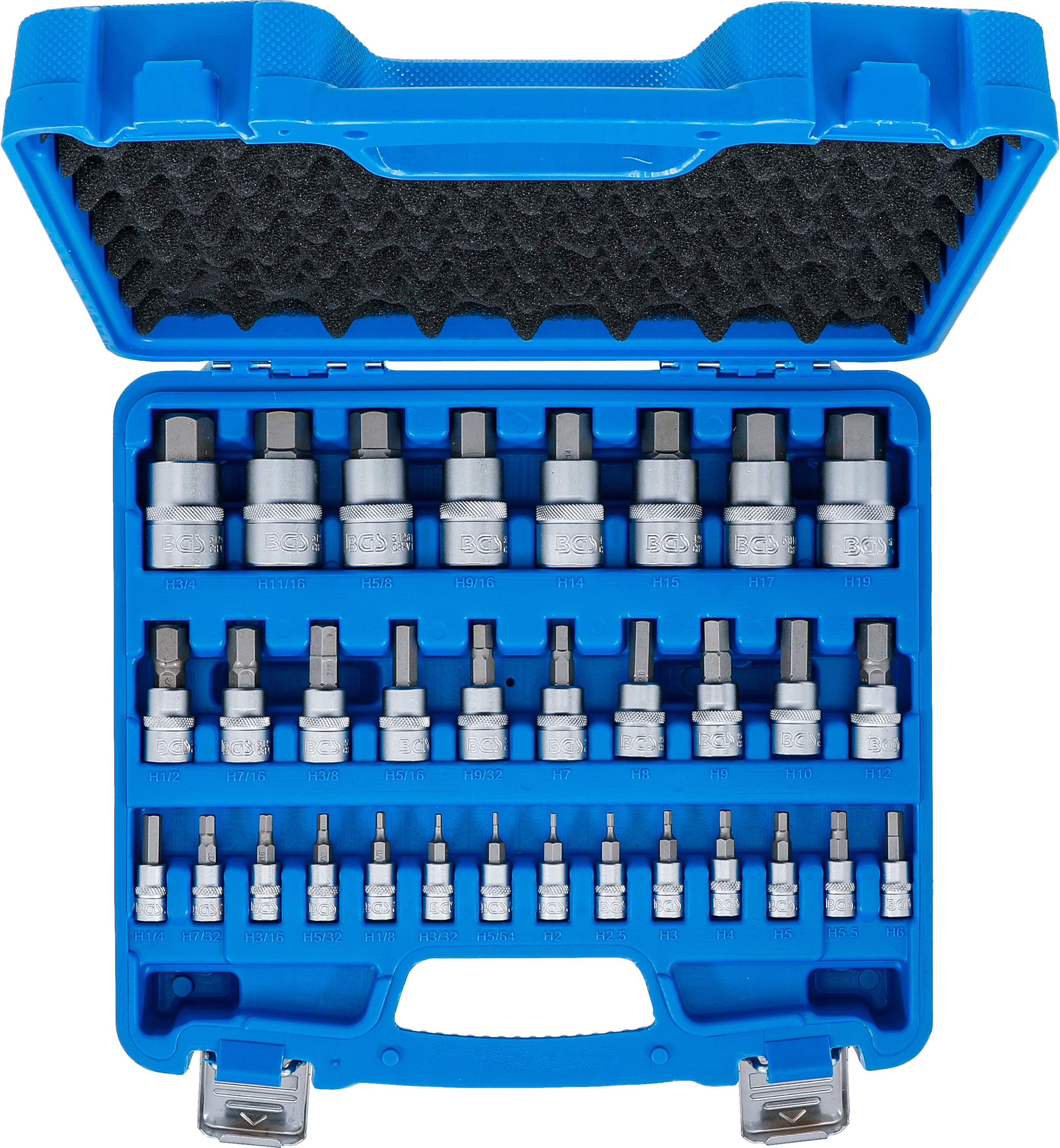 BGS Bit-Einsatz-Satz | Antrieb Innenvierkant 6,3 mm (1/4") / 10 mm (3/8") / 12,5 mm (1/2") | Innensechskant 2 - 19 mm / 1/4 - 9/16" | Metrisch und Zollgrößen | 32-tlg.