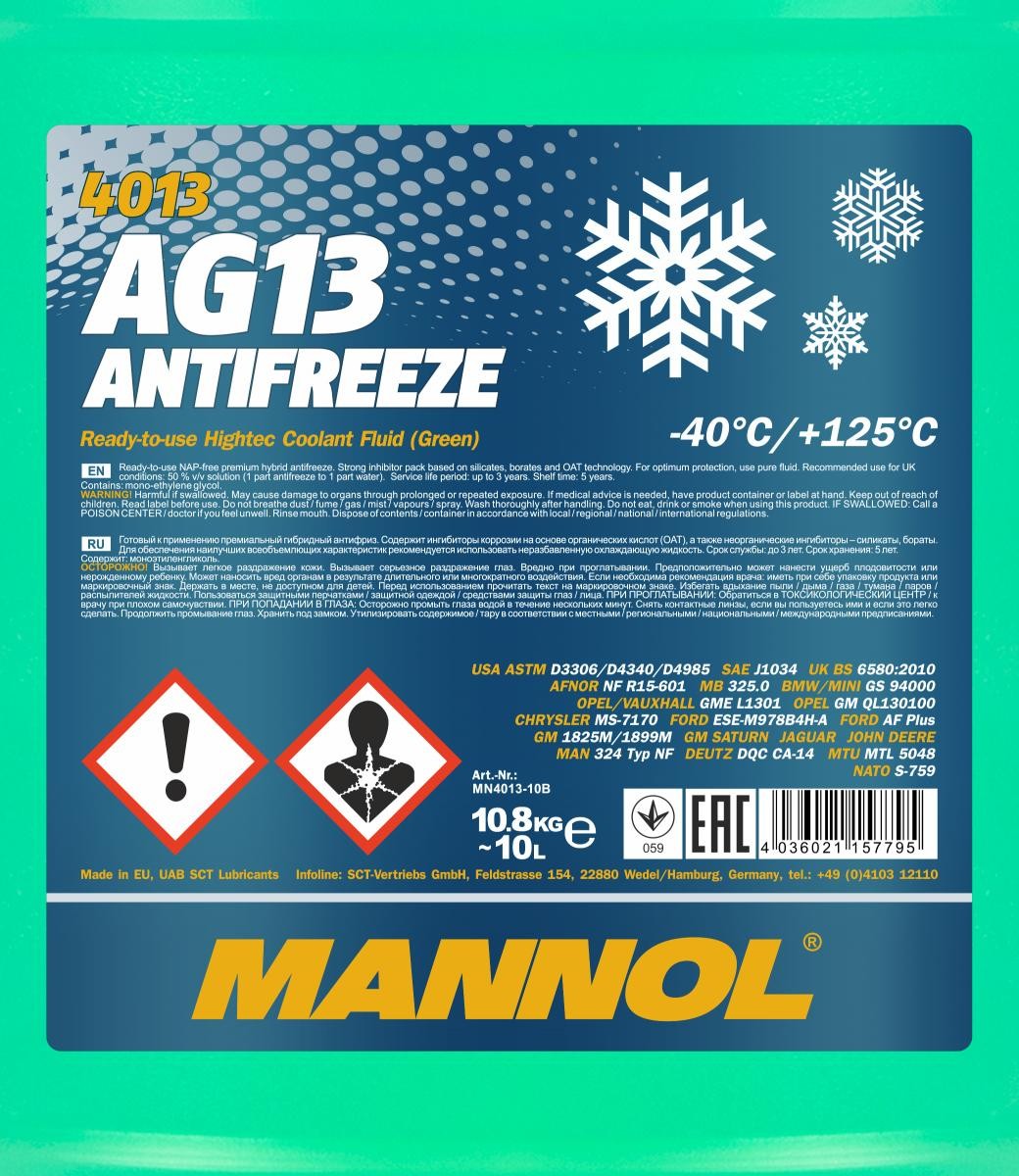 Mannol 4013 Kühlerfrostschutz Antifreeze AG13 Hightec -40 Fertigmischung 10 Liter
