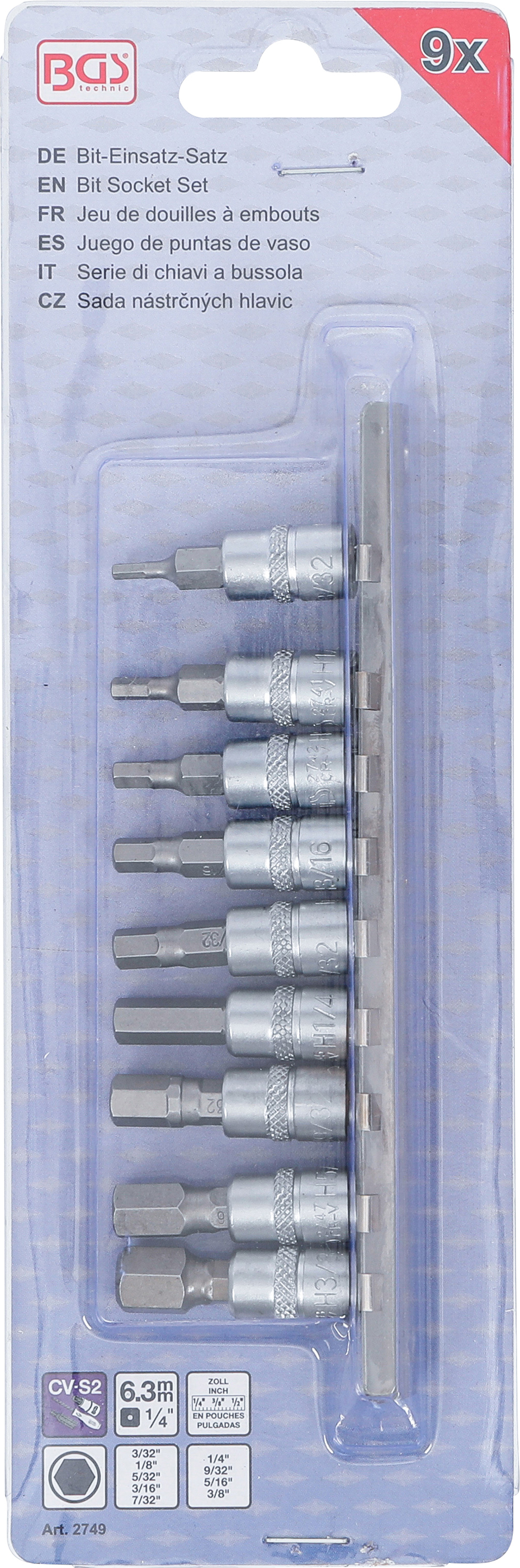 BGS Bit-Einsatz-Satz | Antriebe Innenvierkant 6,3 mm (1/4") | Innensechskant 3/32" - 3/8" | Zollgrößen | 9-tlg.