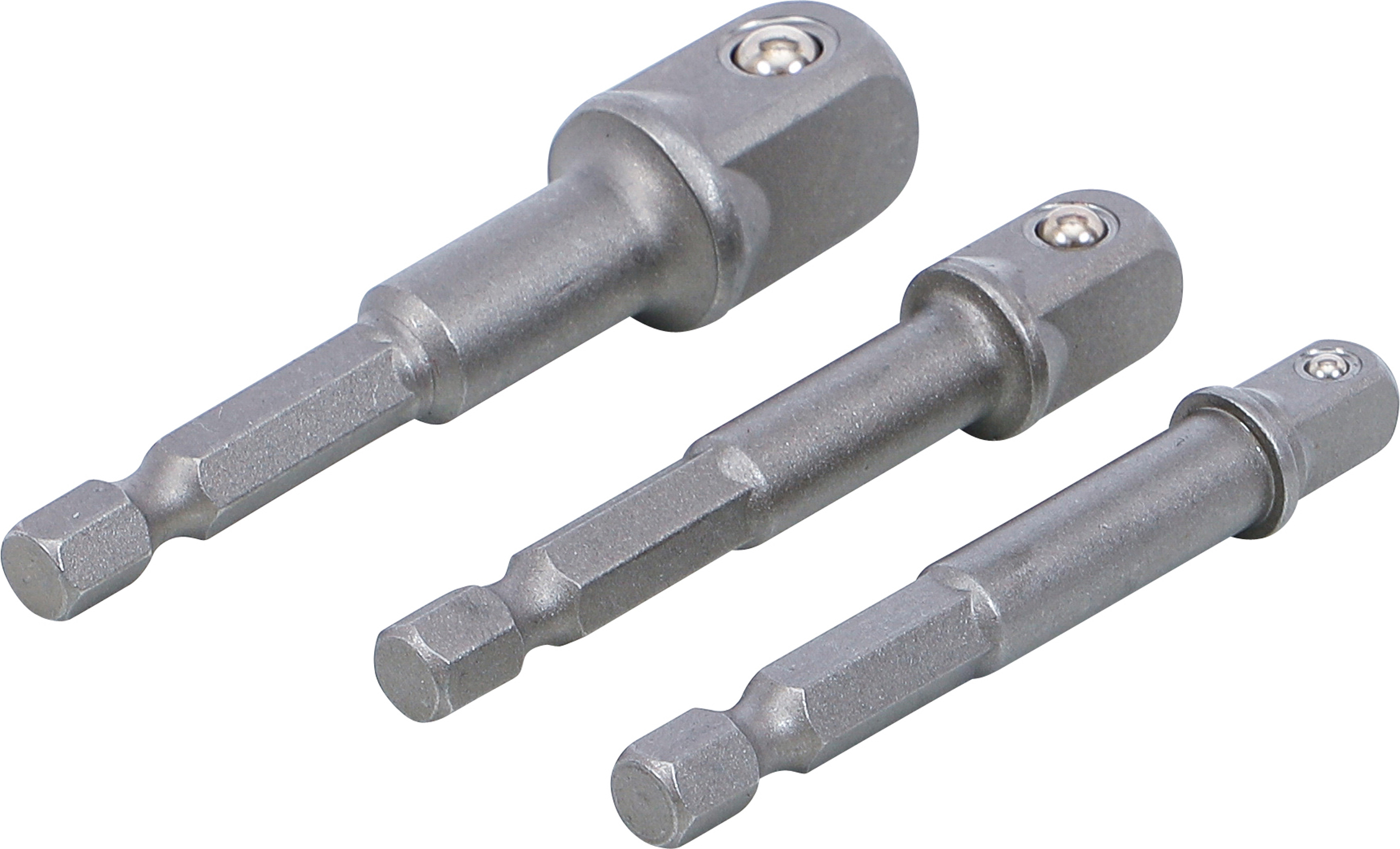 BGS Adapter-Satz für Bohrmaschinen | Antrieb Außensechskant 6,3 mm (1/4") | Abtrieb Außenvierkant 6,3 mm (1/4") / 10 mm (3/8") / 12,5 mm (1/2") | 3-tlg.