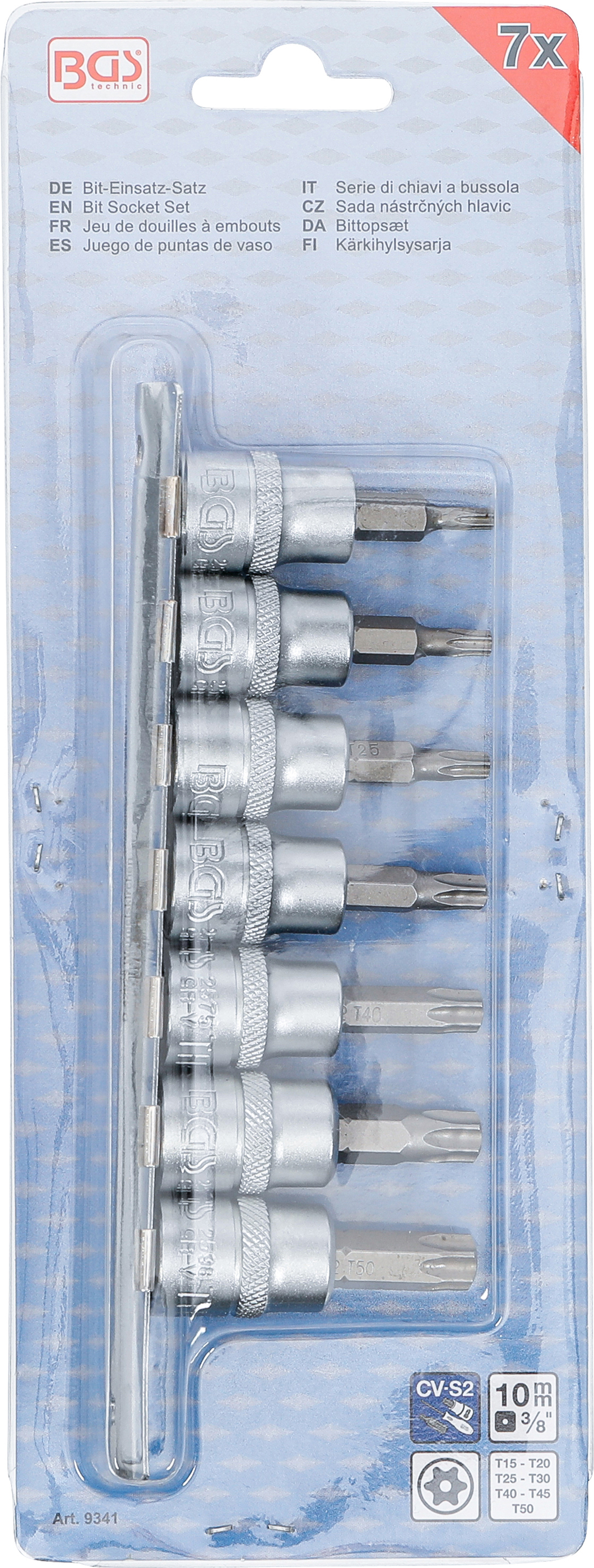 BGS Bit-Einsatz-Satz | Antrieb Innenvierkant 10 mm (3/8") | T-Profil (für Torx) mit Bohrung T15 - T50 | 7-tlg.
