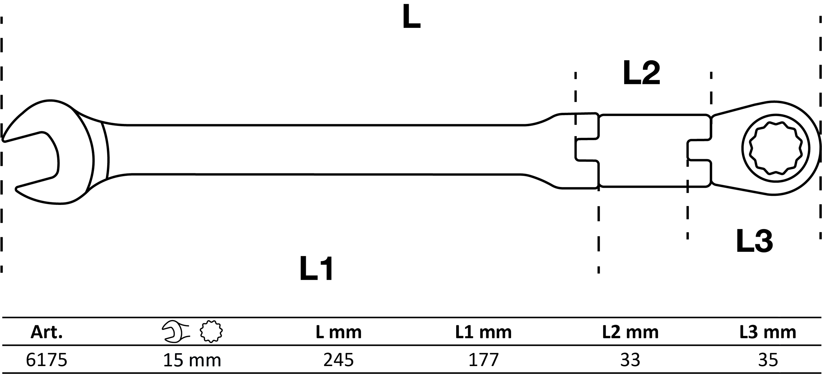 BGS Doppelgelenk-Ratschenring-Maulschlüssel | abwinkelbar | SW 15 mm