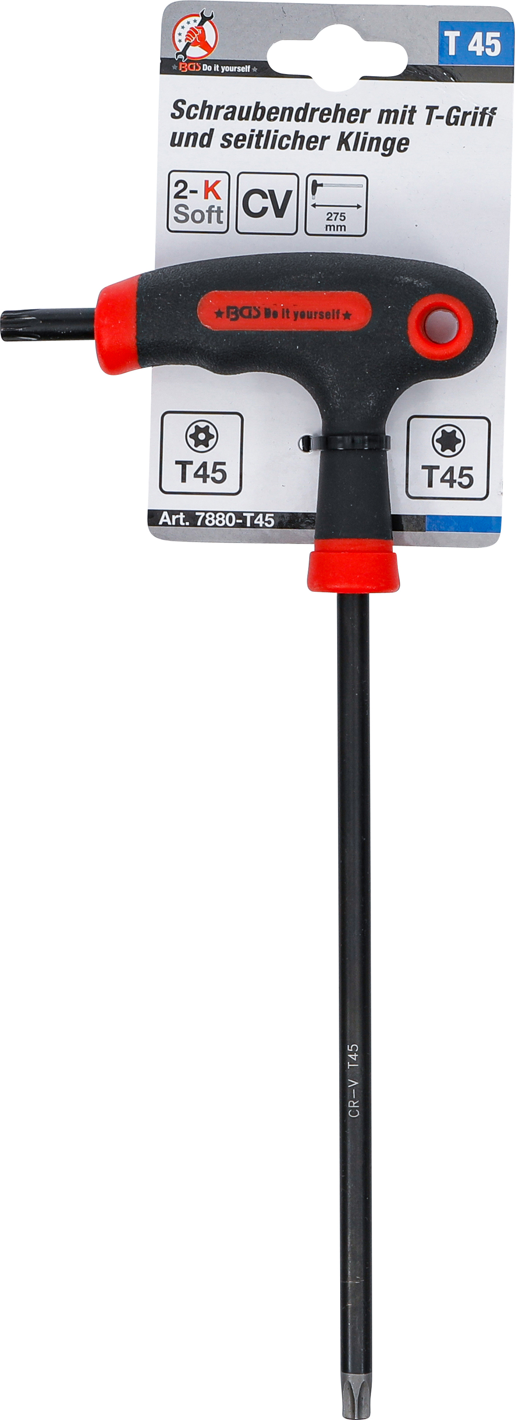 BGS Schraubendreher mit T-Griff und seitlicher Klinge | T-Profil (für Torx) mit/ohne Bohrung T45