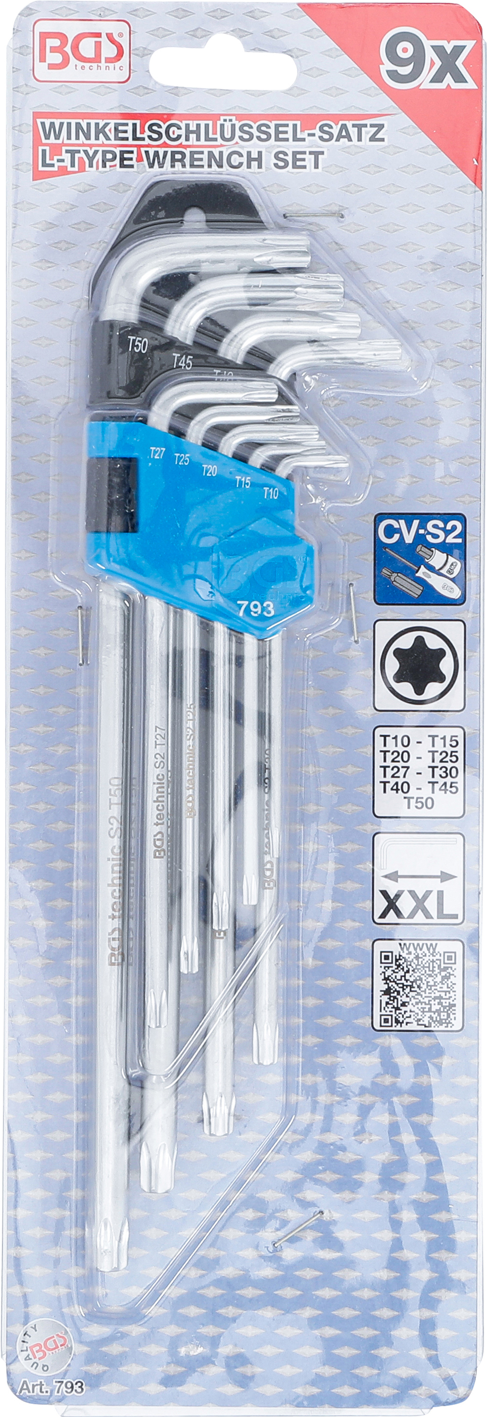 BGS Winkelschlüssel-Satz | extra lang | T-Profil (für Torx) T10 - T50 | 9-tlg.