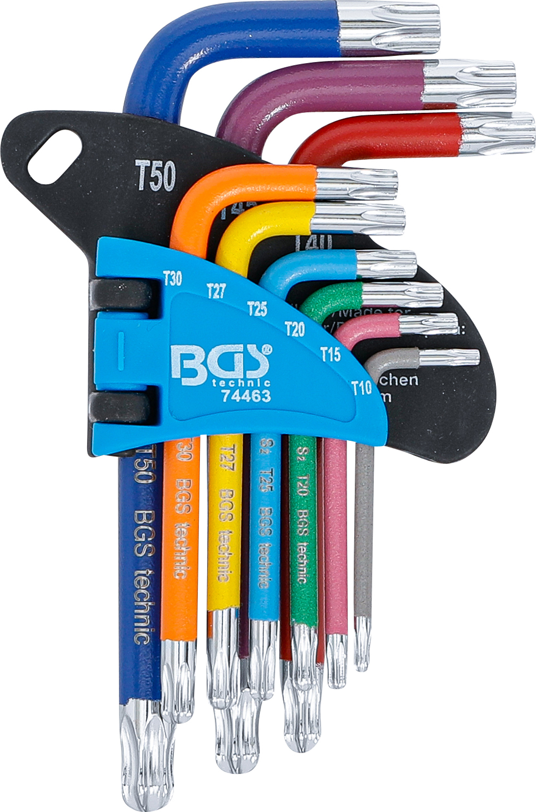BGS Winkelschlüssel-Satz | Multicolour | kurz | T-Profil (für Torx) mit Bohrung und Kugelkopf T10 - T50 | 9-tlg.