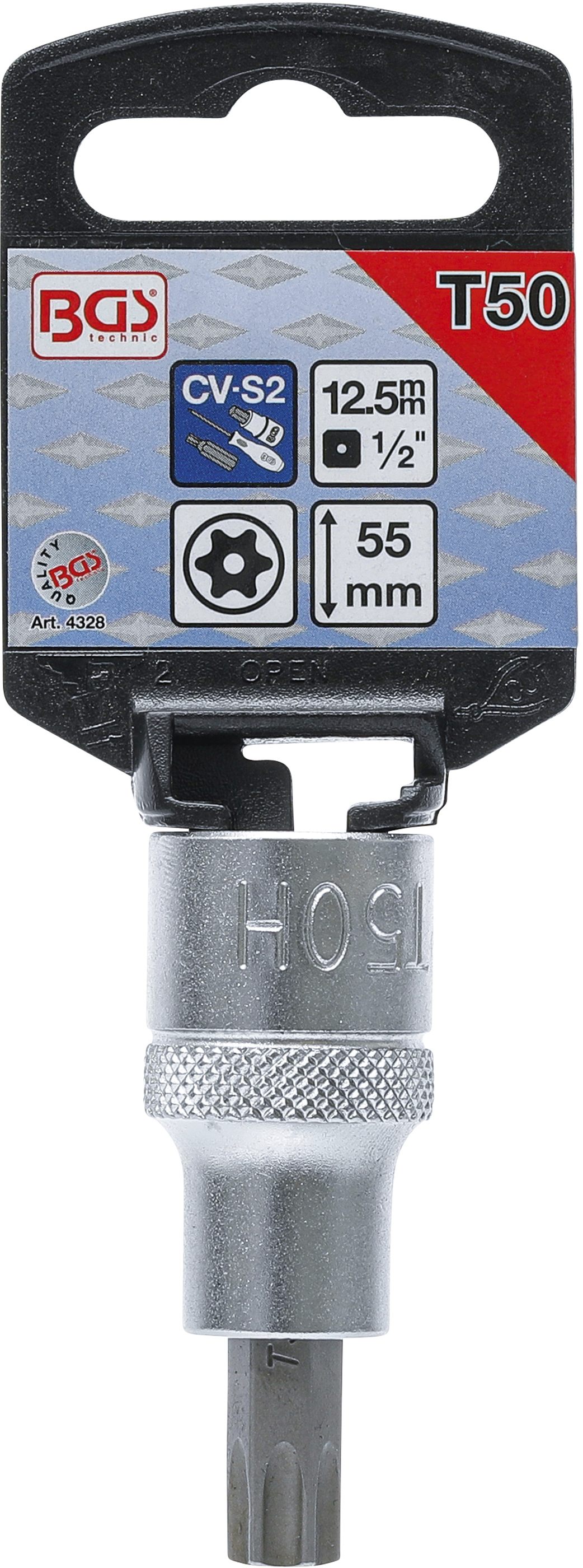 BGS Bit-Einsatz | Antrieb Innenvierkant 12,5 mm (1/2") | T-Profil (für Torx) mit Bohrung T50