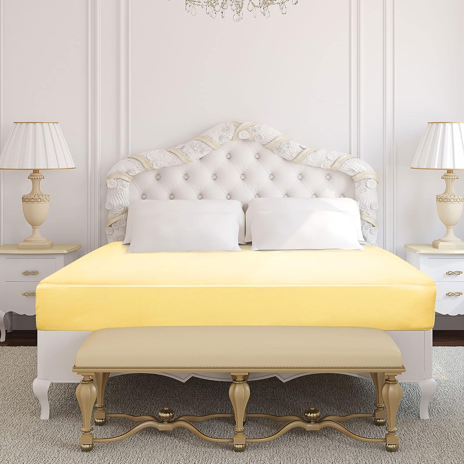 sourcing map Satin Spannbetttuch Bettlaken Fadenzahl 400 Matratzenhöhe 20-35cm Gold 90-100x200cm+20cm