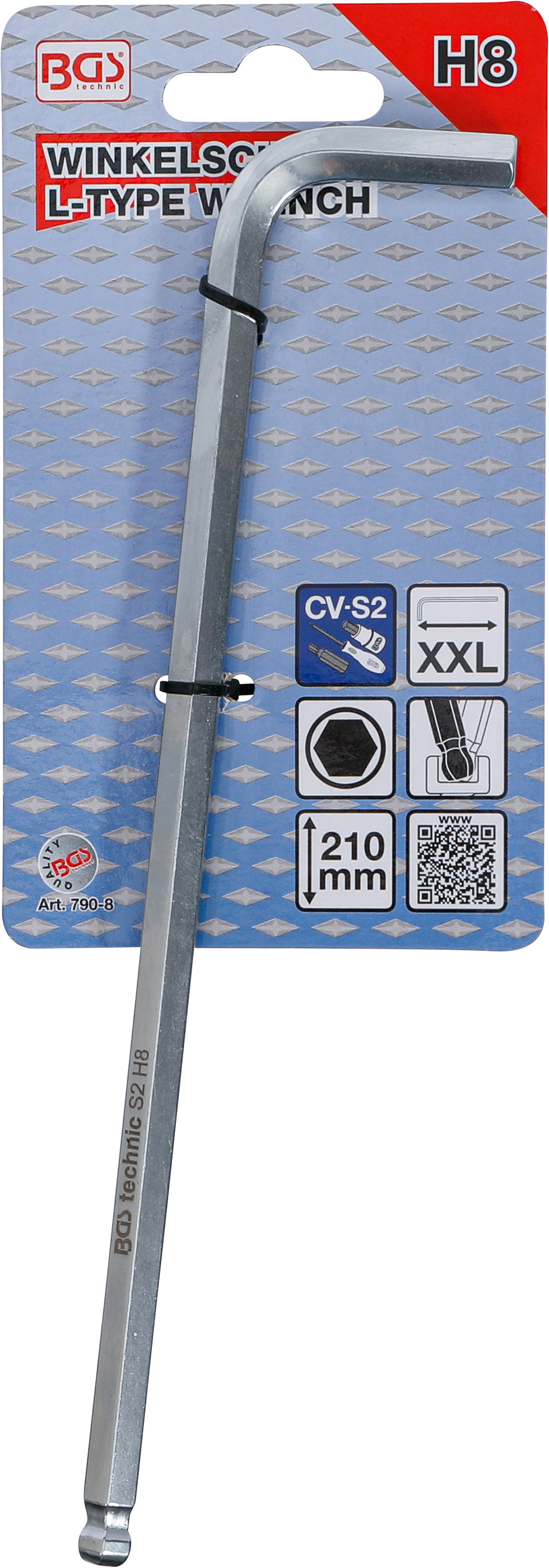 BGS Winkelschlüssel | extra lang | Innensechskant / Innensechskant mit Kugelkopf 8 mm