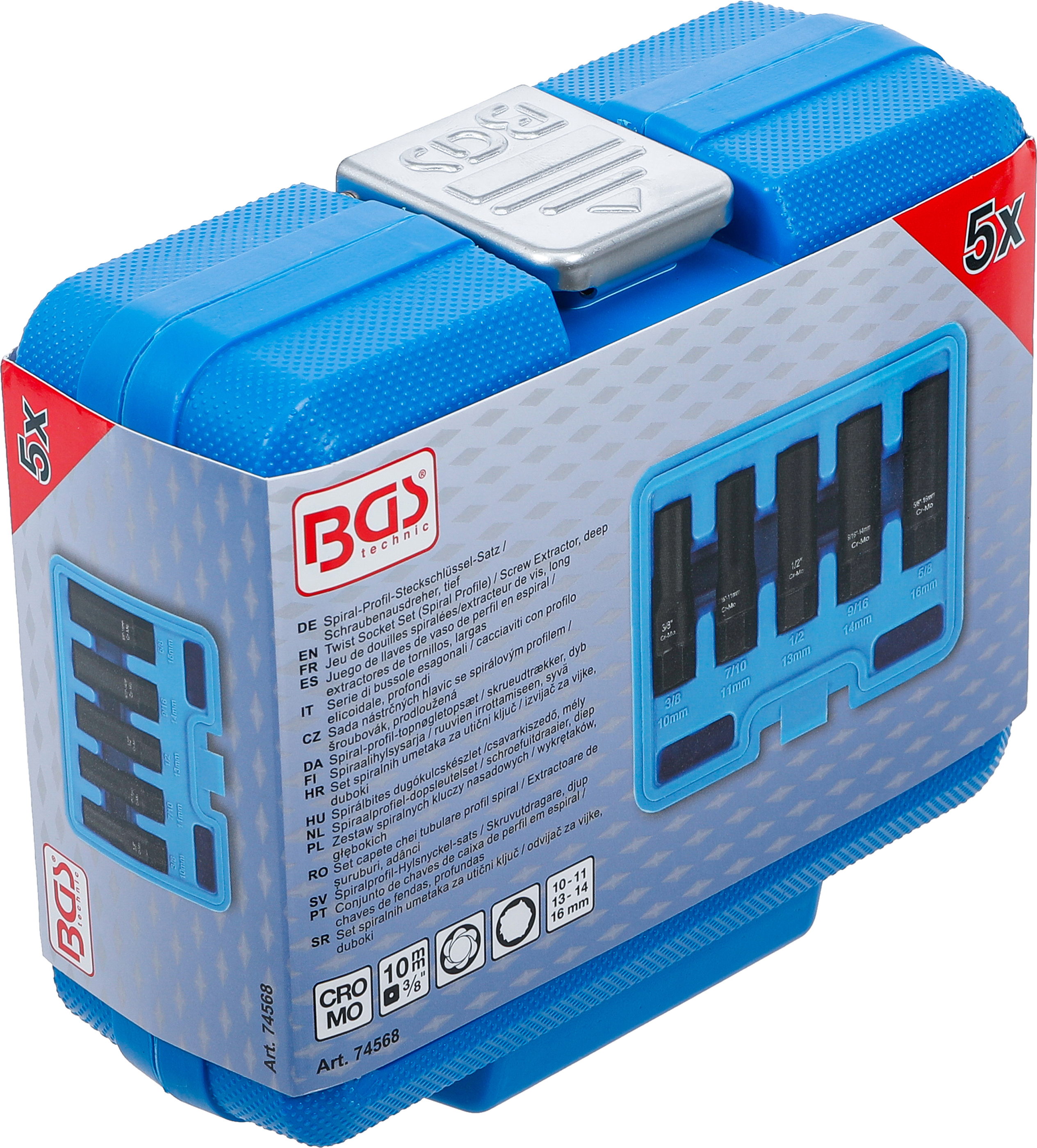 BGS Spiral-Profil-Steckschlüssel-Satz / Schraubenausdreher, tief | Antrieb Innenvierkant 10 mm (3/8") | SW 10 - 16 mm | 5-tlg.