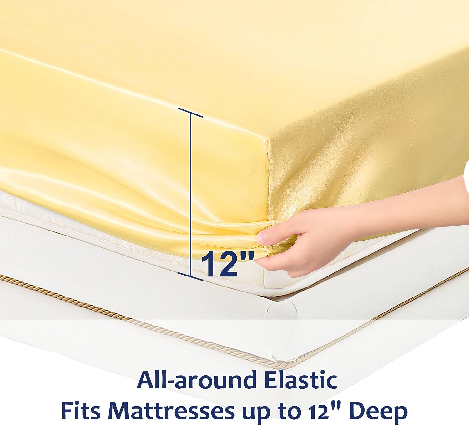 sourcing map Satin Spannbetttuch Bettlaken Fadenzahl 400 Matratzenhöhe 20-35cm Gold 90-100x200cm+20cm