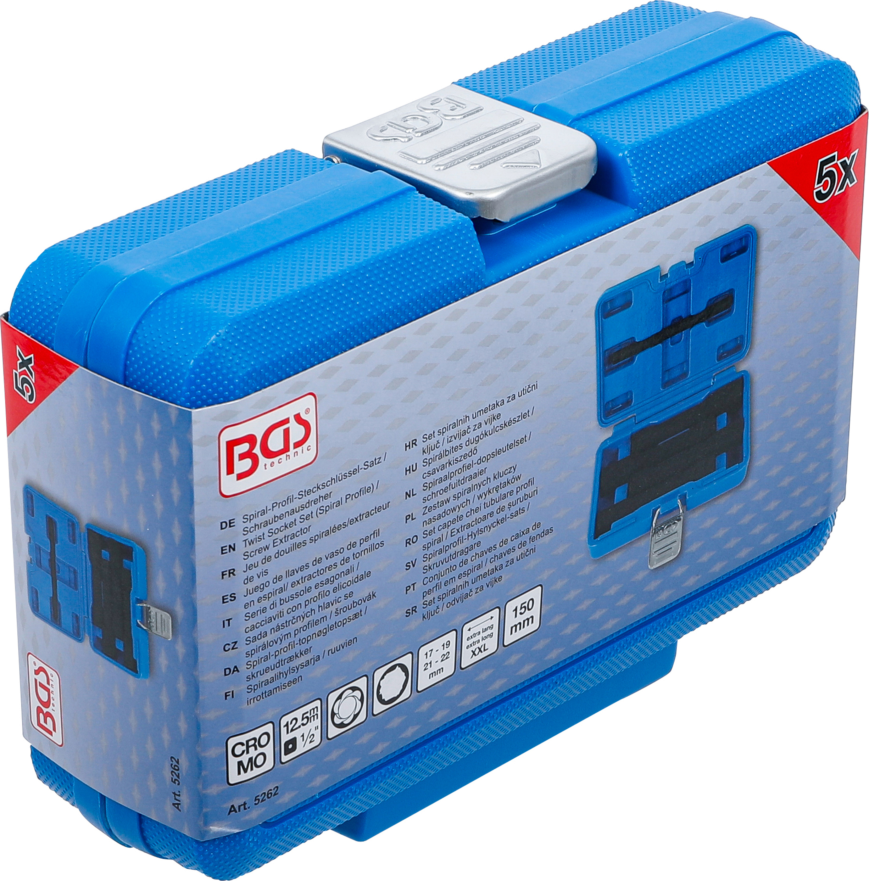 BGS Spiral-Profil-Steckschlüssel-Satz / Schraubenausdreher, tief | Antrieb Innenvierkant 12,5 mm (1/2") | SW 17 - 22 mm | 5-tlg.