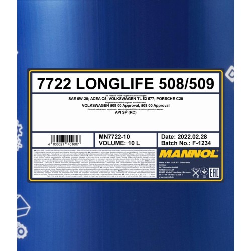 0W-20 Mannol 7722 Longlife 508/509 Motoröl 20 Liter