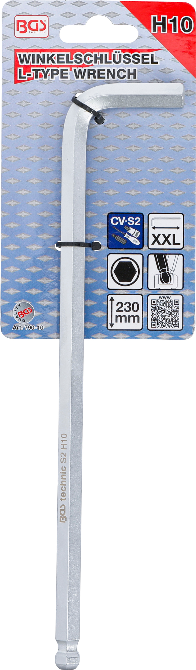 BGS Winkelschlüssel | extra lang | Innensechskant / Innensechskant mit Kugelkopf 10 mm