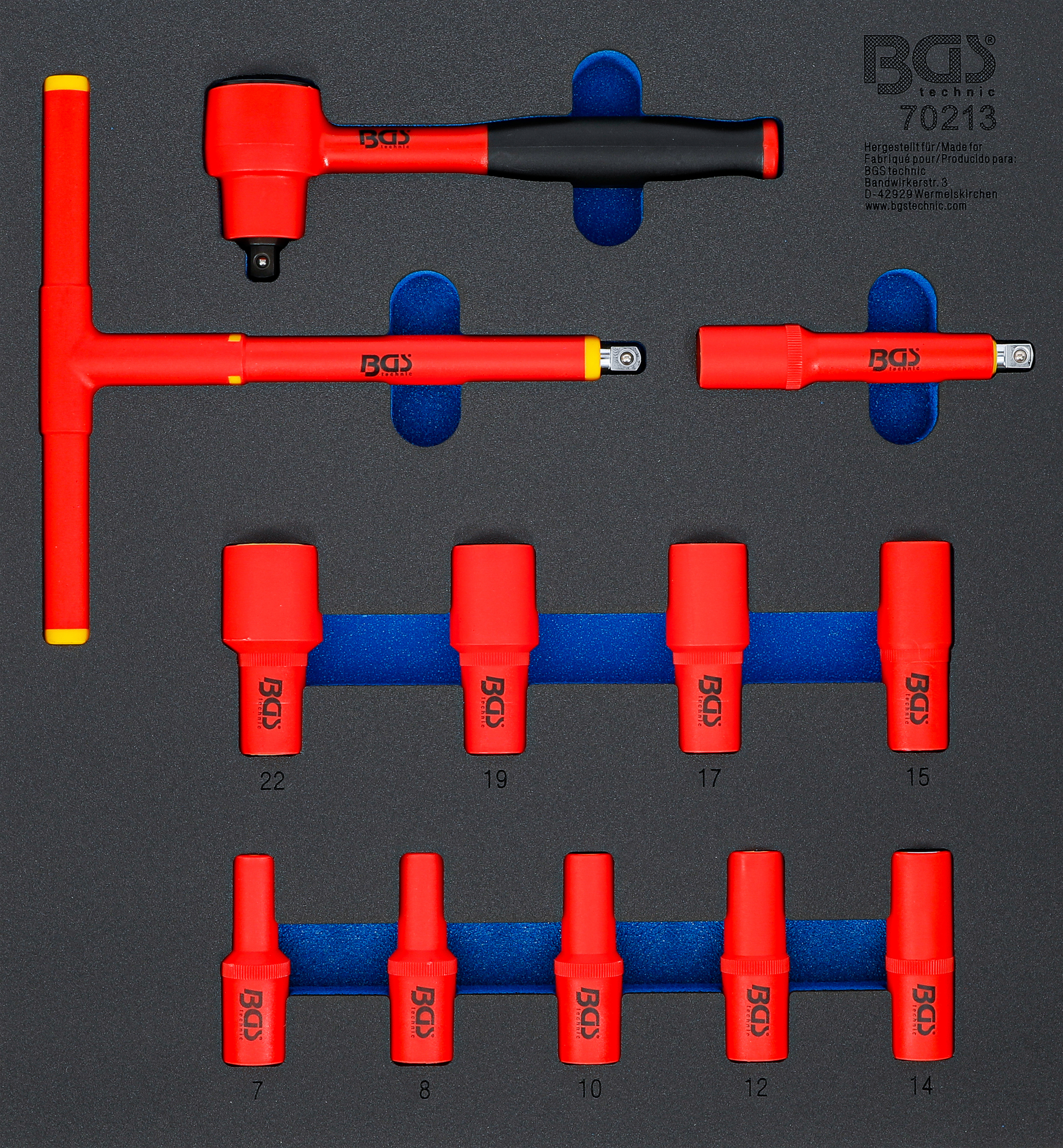 BGS Werkstattwageneinlage 2/3: VDE-Steckschlüssel-Satz | Antrieb Innenvierkant 10 mm (3/8") | SW 7 - 22 mm | 12-tlg.