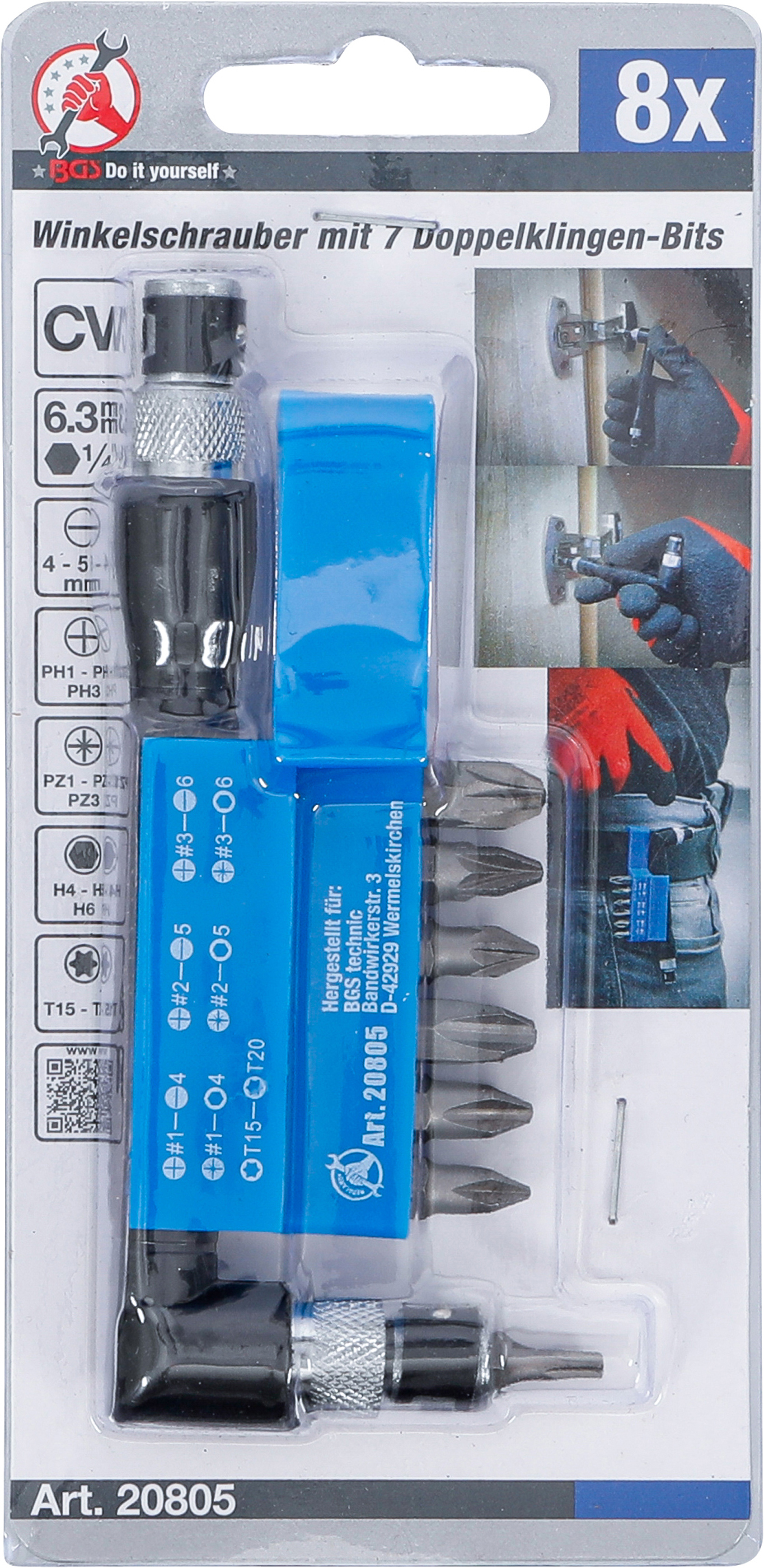 BGS Winkelschrauber mit 7 Doppelklingen-Bits | Antrieb Außensechskant 6,3 mm (1/4") | 8-tlg.