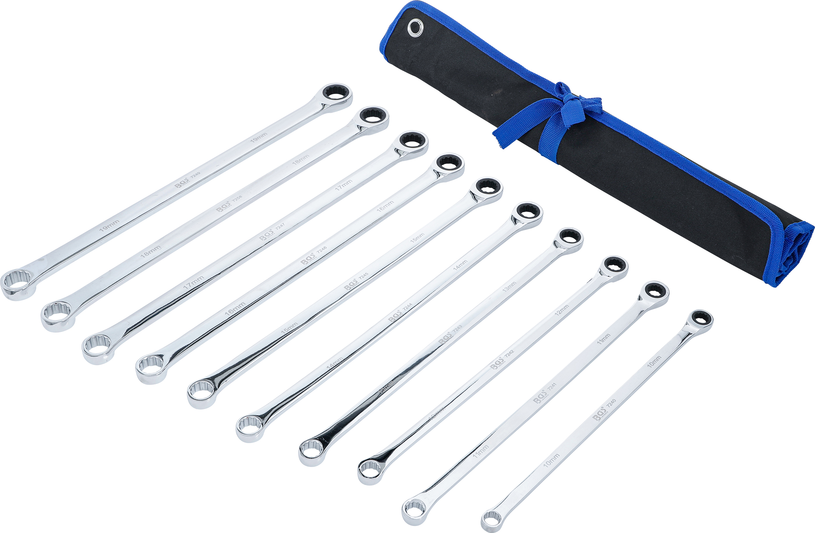 BGS Ratschenring- und Ringschlüssel-Satz | extra lang | SW 10 - 19 mm | 10-tlg.
