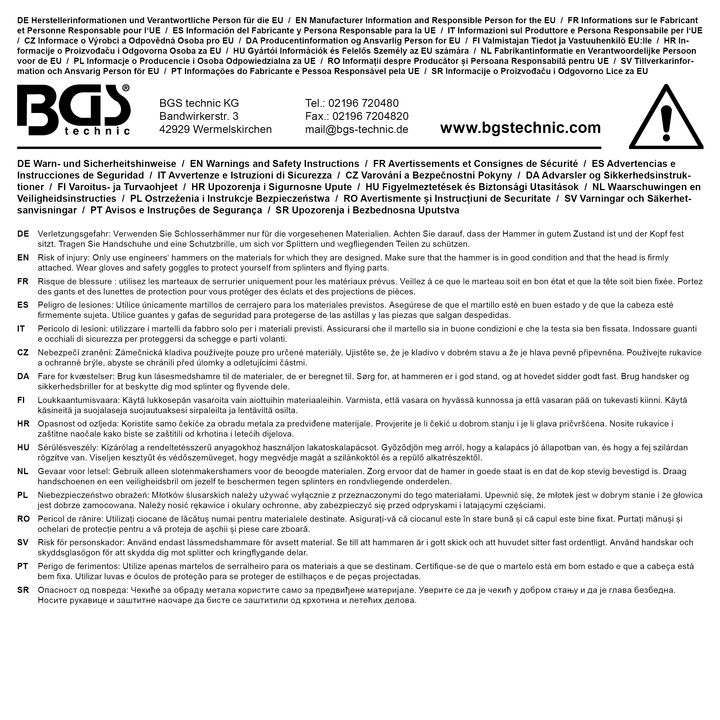 BGS Schlosserhammer | Fiberglasstiel | DIN 1041 | 800 g
