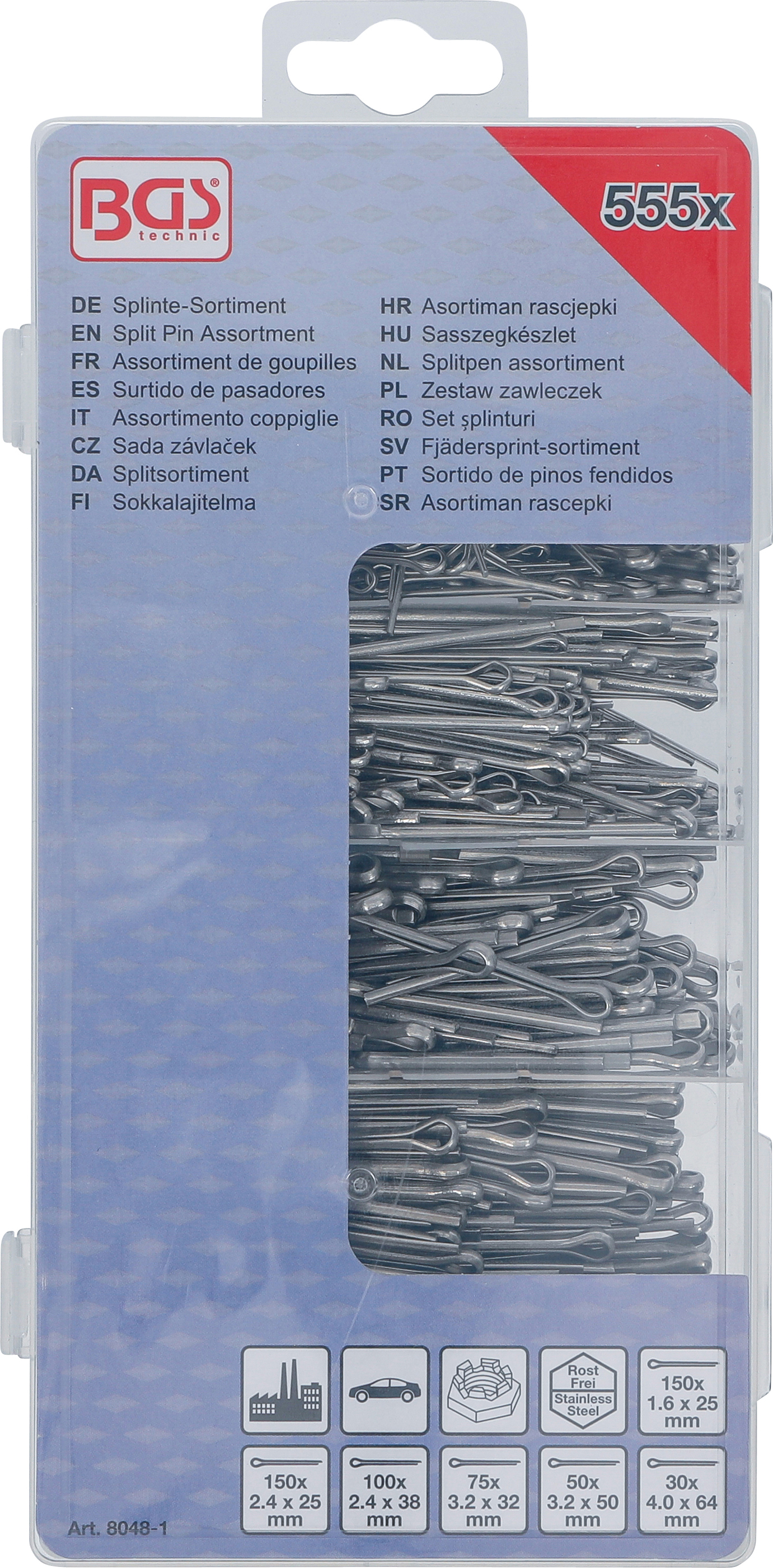 BGS Splinte-Sortiment | Edelstahl | Ø 1,6 - 4,0 mm | 555-tlg.