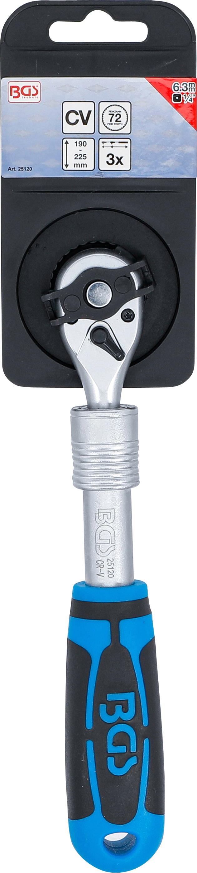 BGS Umschaltknarre, ausziehbar | Abtrieb Außenvierkant 6,3 mm (1/4") | 190 - 225 mm