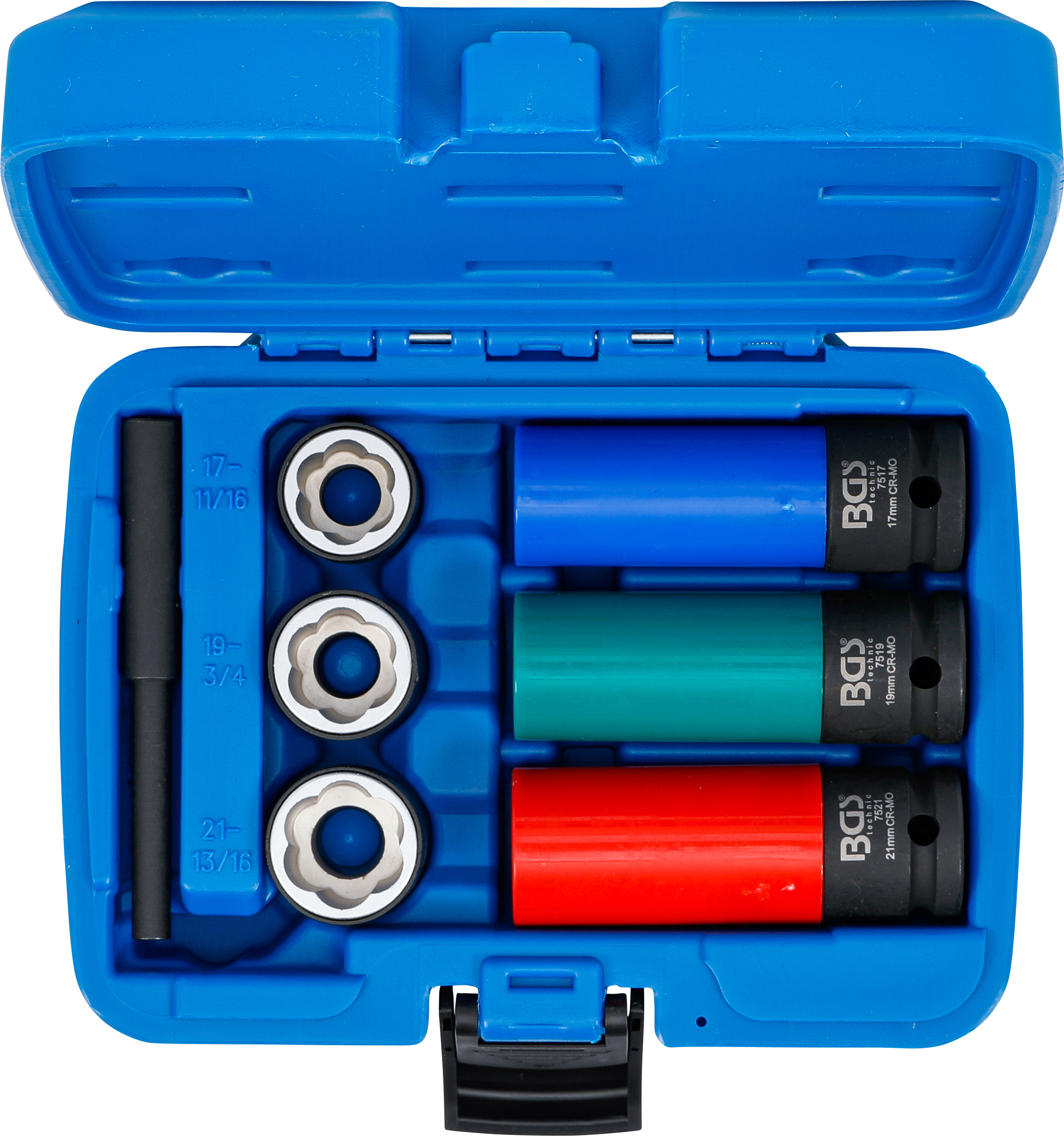 BGS Spiral-Profil-Steckschlüssel-Einsatz-Satz / Schraubenausdreher & Kraft-Schoneinsatz-Satz | Antrieb Innenvierkant 12,5 mm (1/2") | SW 17 / 19 / 21 mm | 7-tlg.