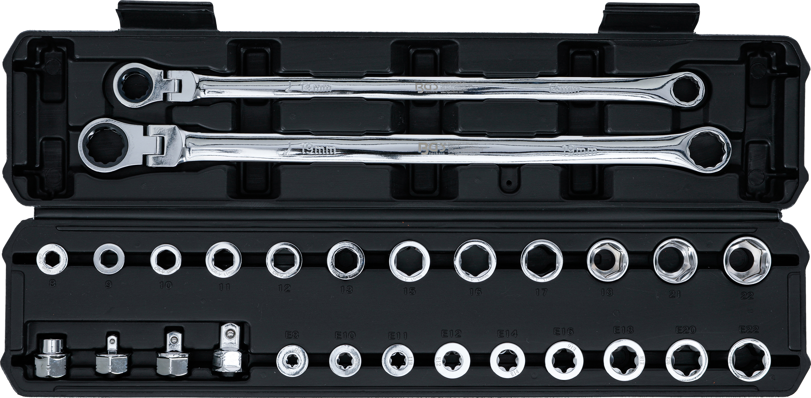BGS Doppel-Ring- und Ratschenring-Gelenkschlüssel-Satz | extra lang | 27-tlg.