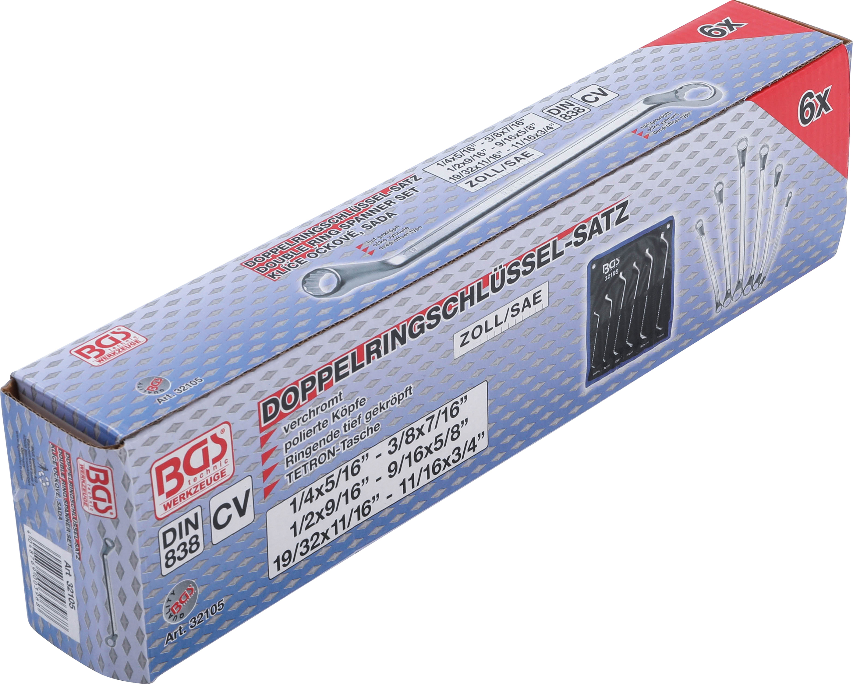 BGS Doppel-Ringschlüssel-Satz | tief gekröpft | Zollgrößen | SW 1/4" - 3/4" | 6-tlg.