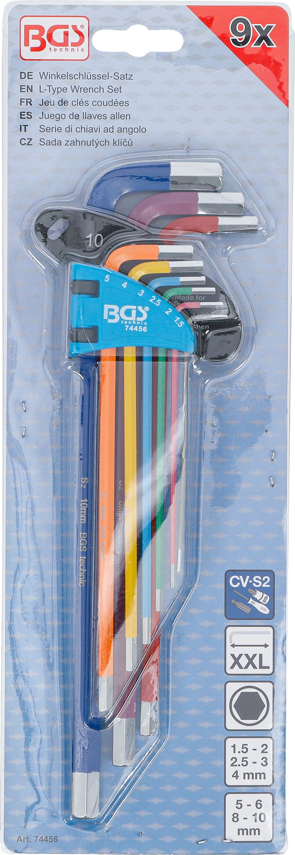 BGS Winkelschlüssel-Satz | Multicolour | extra lang | Innensechskant 1,5 - 10 mm | 9-tlg.