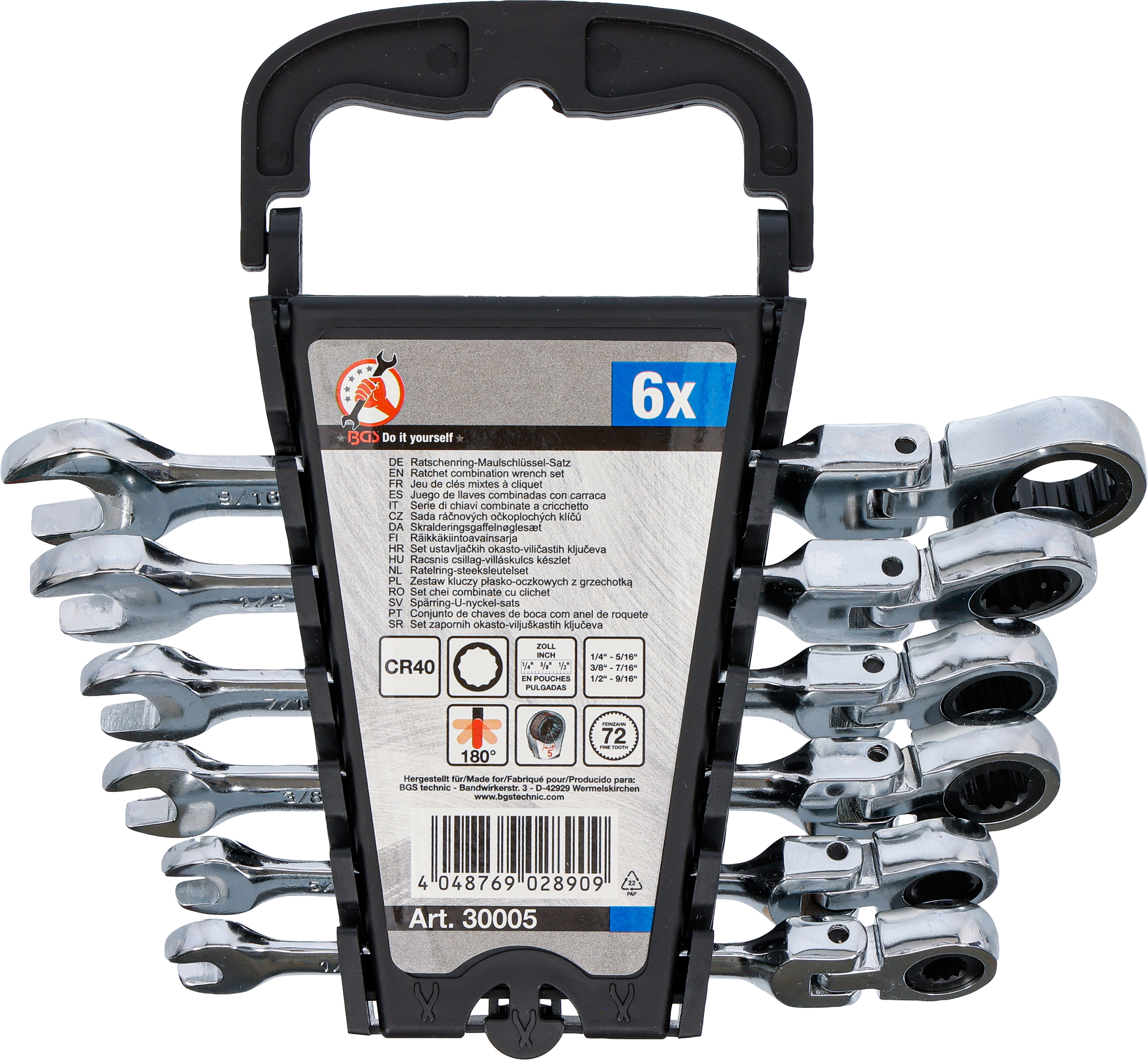BGS Ratschenring-Maulschlüssel-Satz | flexible Köpfe | Zollmaße | SW 1/4" - 9/16" | 6-tlg.