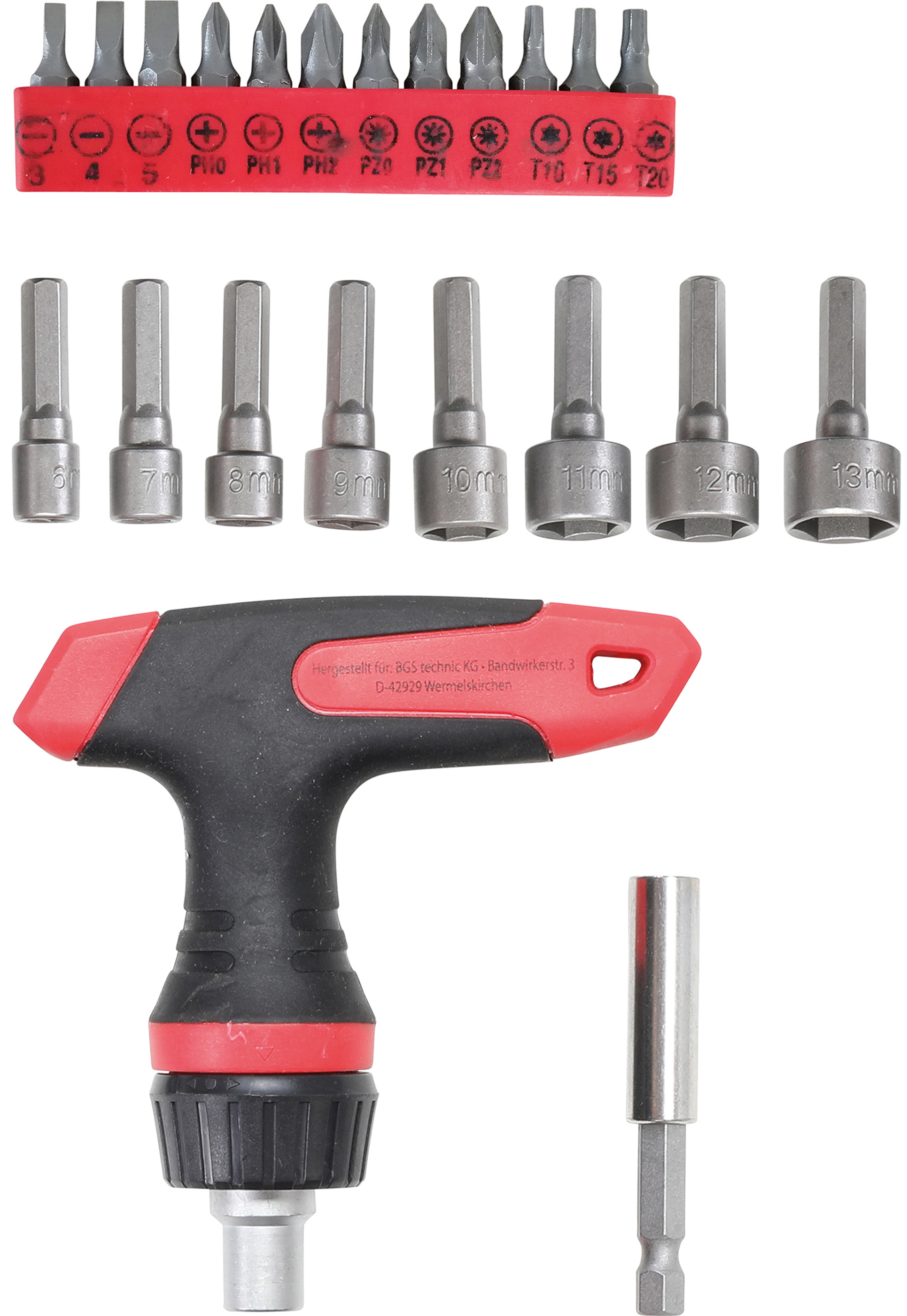 BGS Bit-/Steckschlüssel-Einsatz-Satz | mit Ratschen-T-Griff für Bits, umschaltbar | 22-tlg.