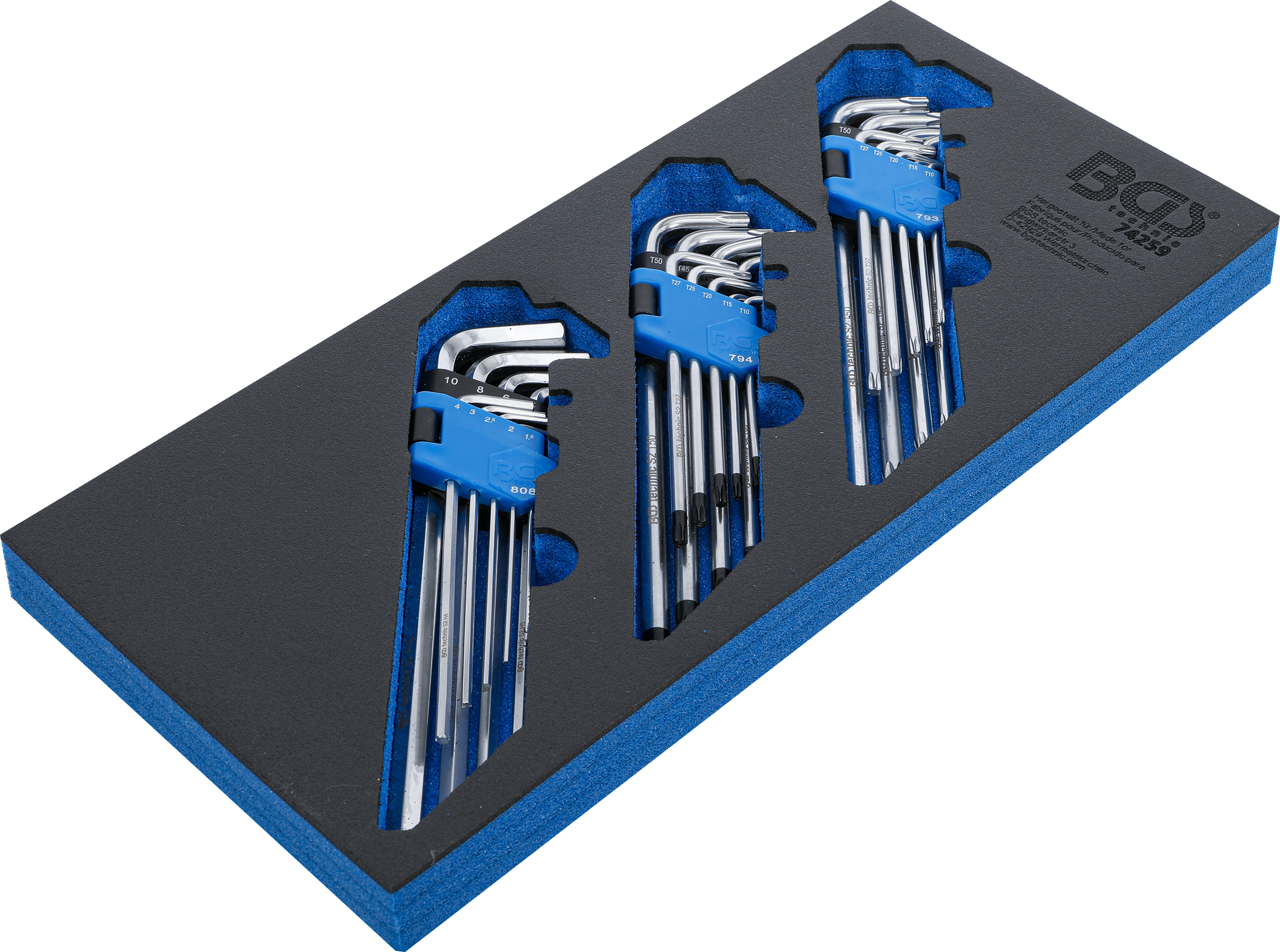 BGS Werkstattwageneinlage 1/3: Winkelschlüssel-Satz | extra lang | T-Profil (für Torx), T-Profil (für Torx) mit Bohrung, Innensechskant | 27-tlg.