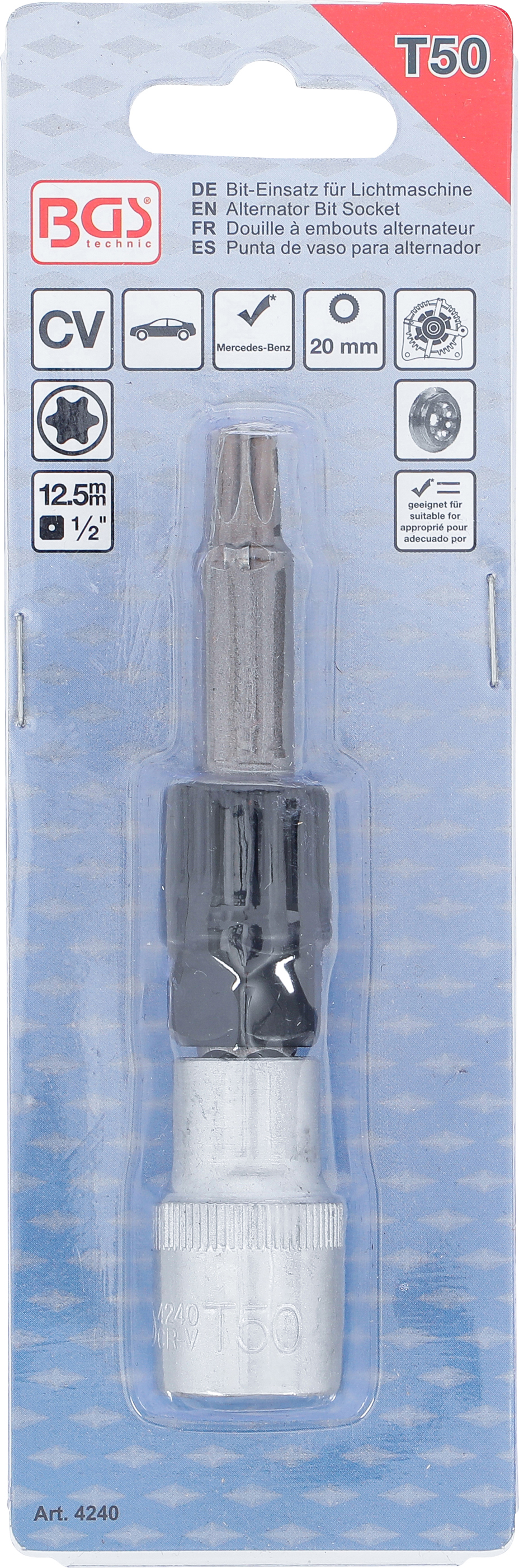 BGS Bit-Einsatz für Lichtmaschine | Antrieb Innenvierkant 12,5 mm (1/2") | T-Profil (für Torx) T50