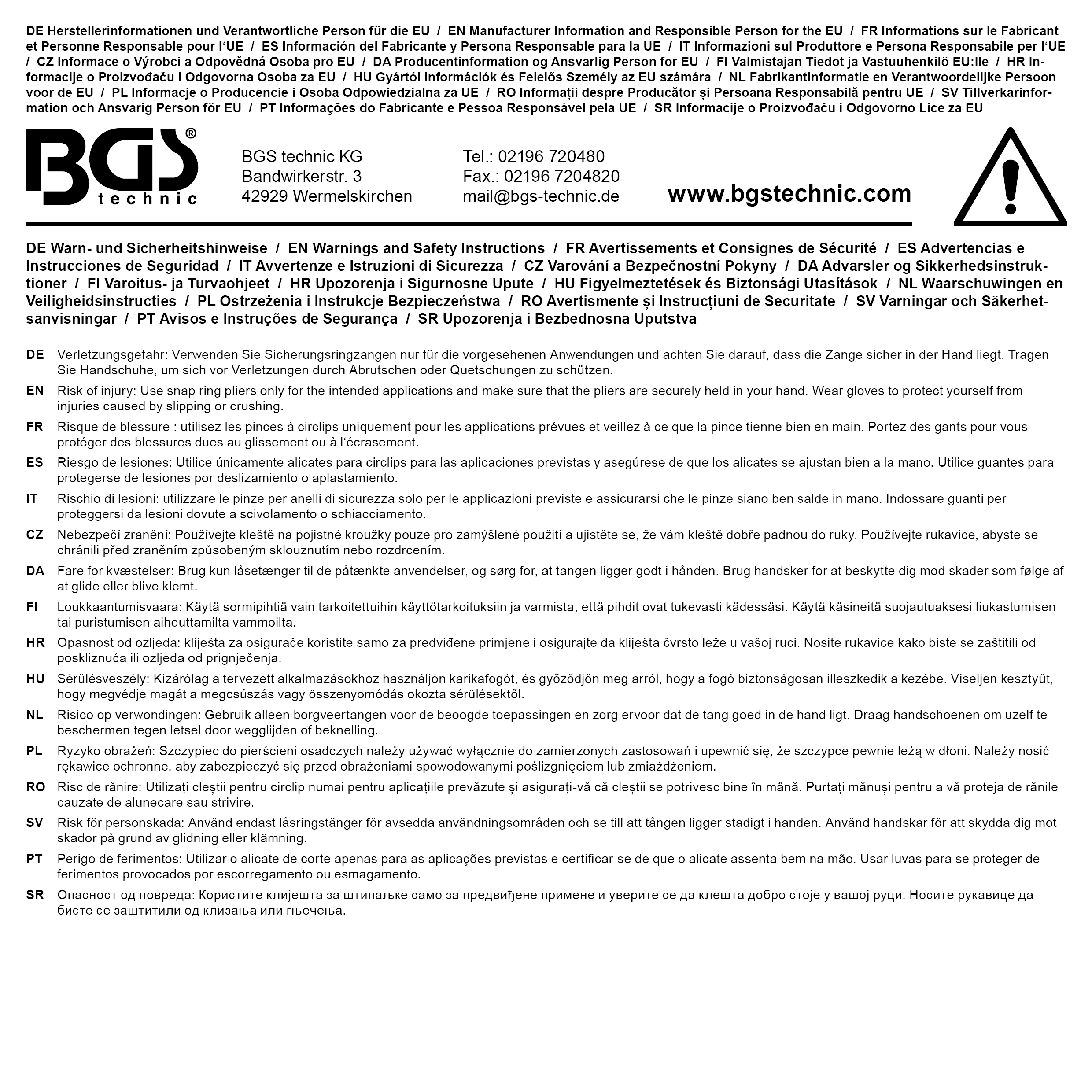 BGS Sprengringzange | gerade | für Außensprengringe | 225 mm