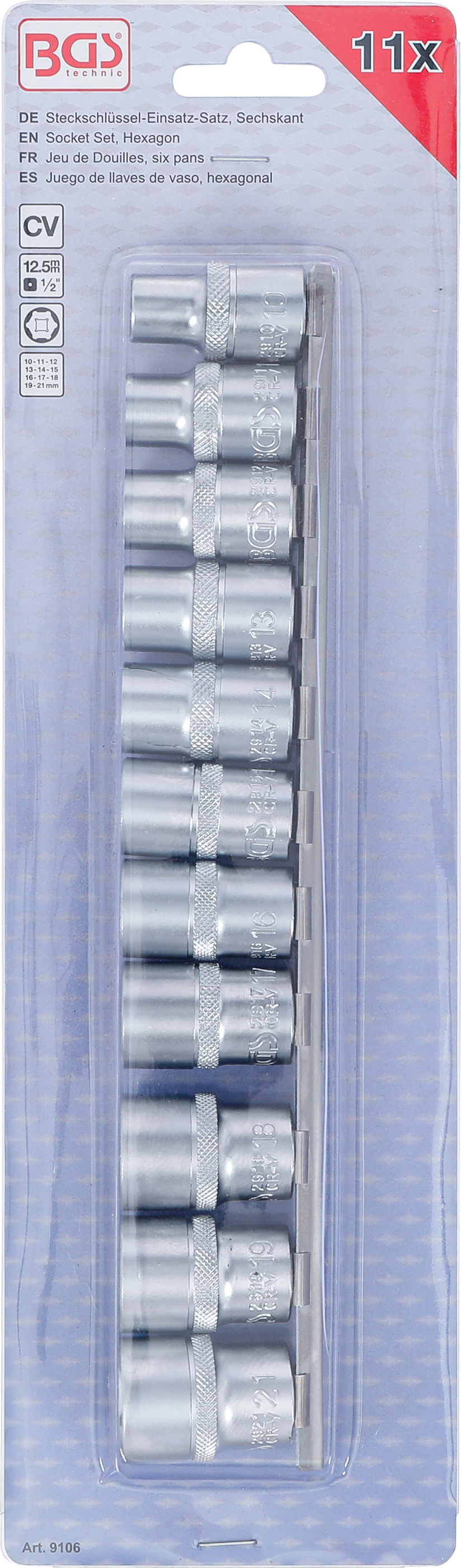 BGS Steckschlüssel-Einsatz-Satz, Sechskant | Antrieb Innenvierkant 12,5 mm (1/2") | SW 10 - 21 mm | 11-tlg.