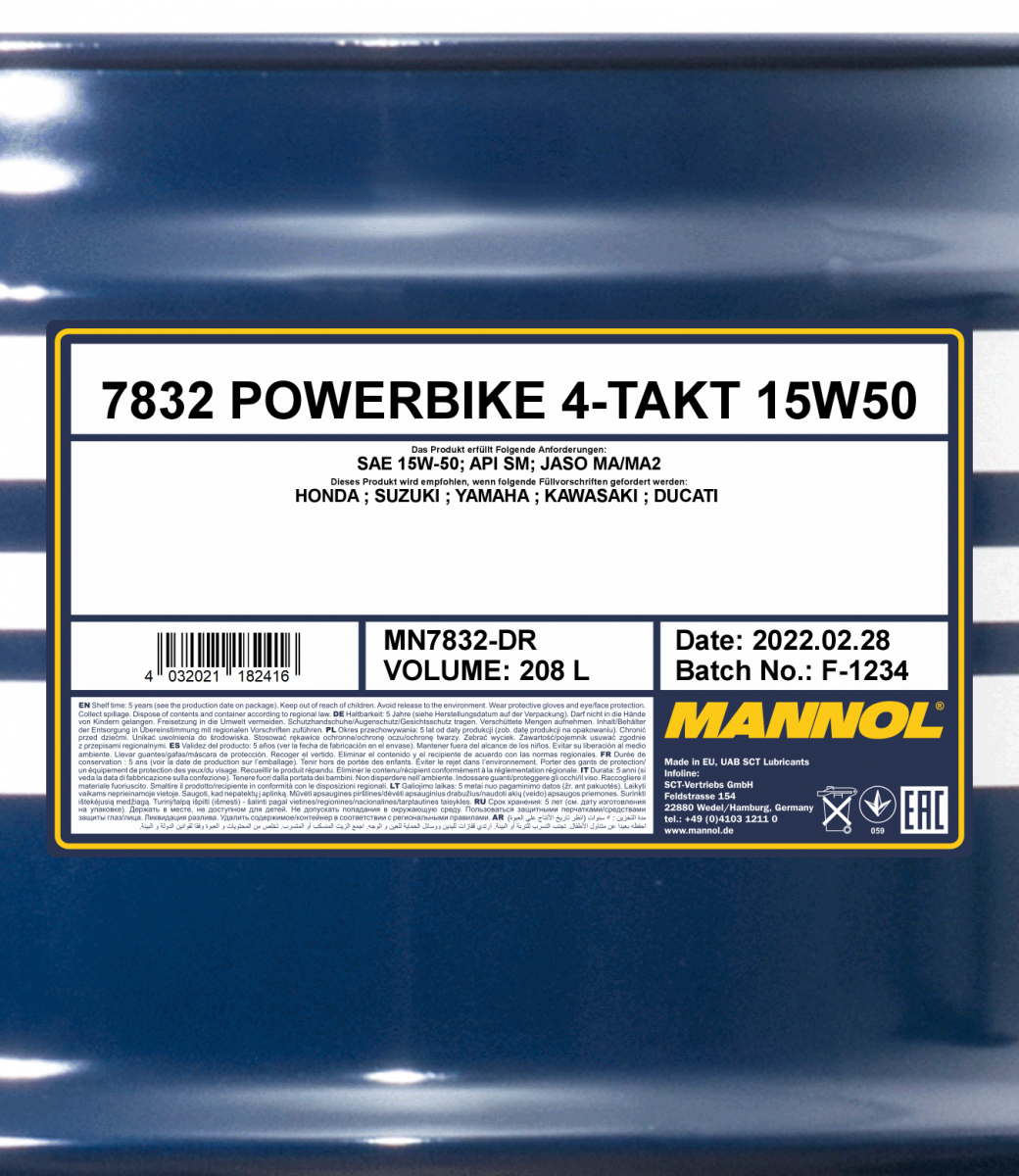 15W-50 Mannol 7832 Powerbike 4-Takt Motoröl Motorrad 208 Liter
