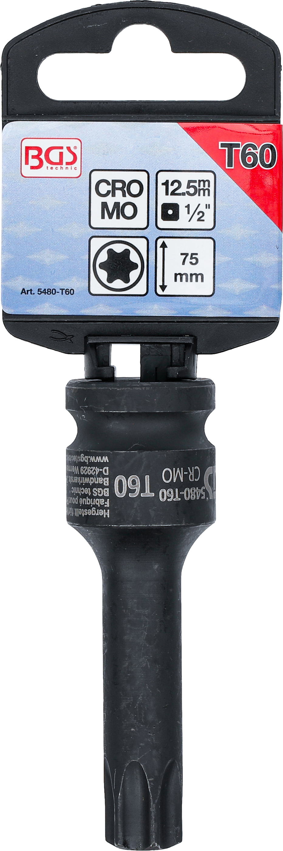 BGS Kraft-Bit-Einsatz | Länge 75 mm | Antrieb Innenvierkant 12,5 mm (1/2") | T-Profil (für Torx) T60