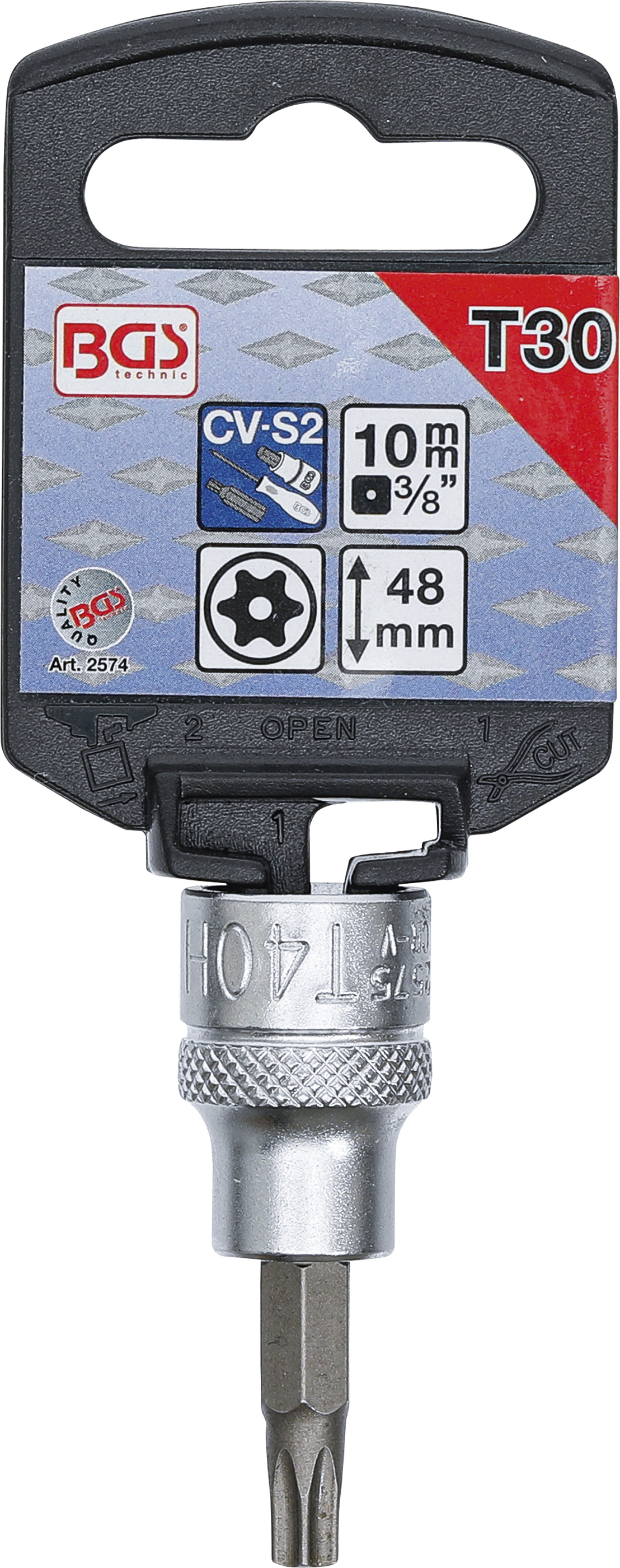 BGS Bit-Einsatz | Antrieb Innenvierkant 10 mm (3/8") | T-Profil (für Torx) mit Bohrung T30