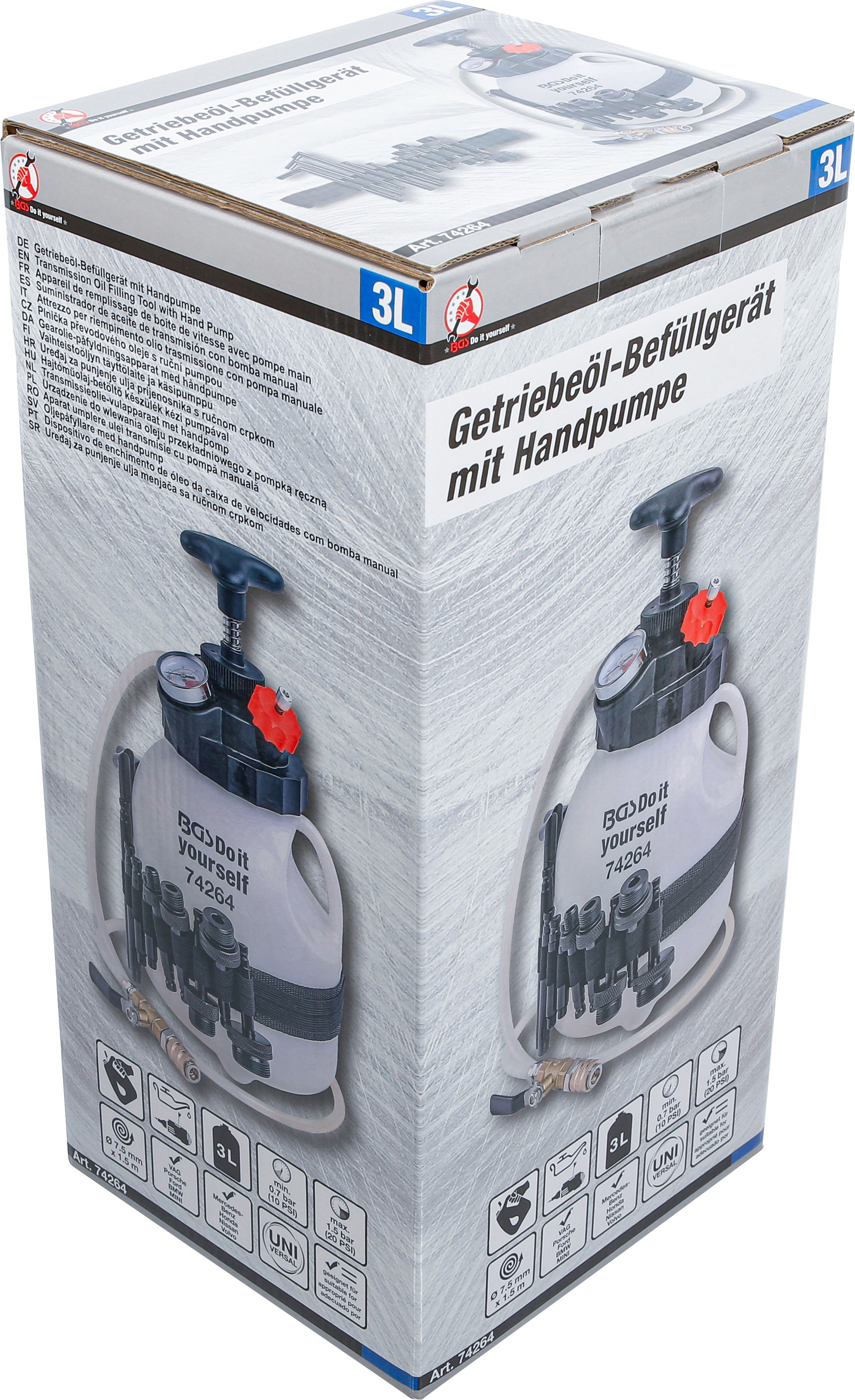 BGS Getriebeöl-Befüllgerät mit Handpumpe | mit 12 Adaptern | 3 l