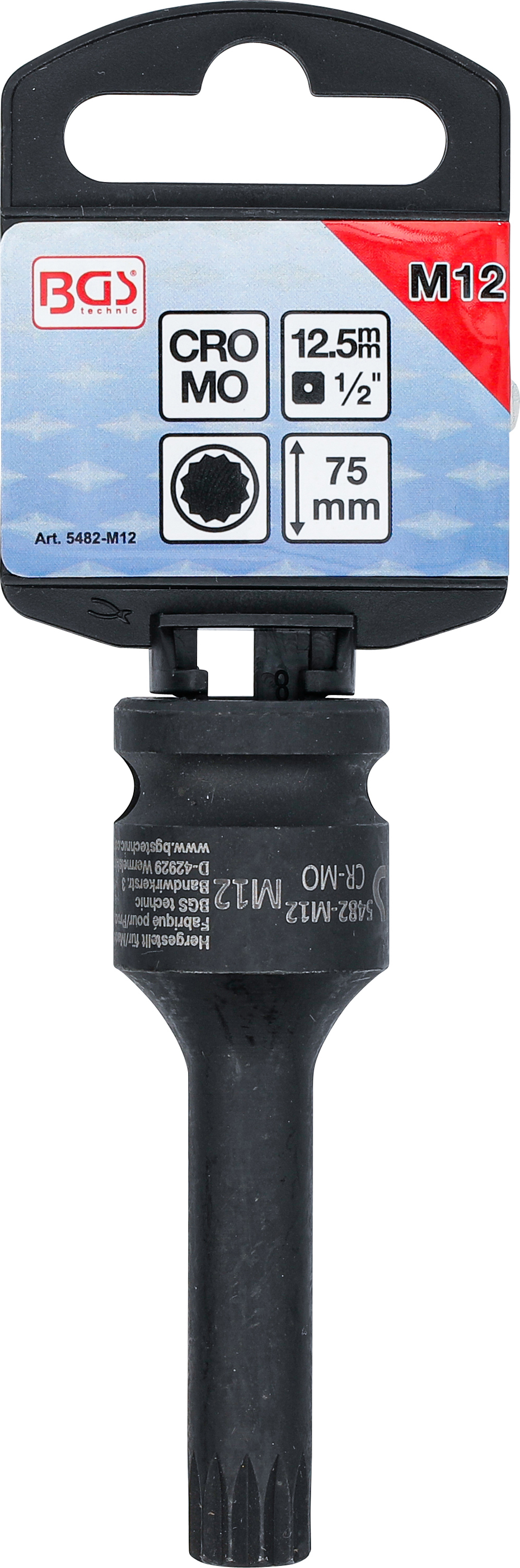 BGS Kraft-Bit-Einsatz | Länge 75 mm | Antrieb Innenvierkant 12,5 mm (1/2") | Innenvielzahn (für XZN) M12