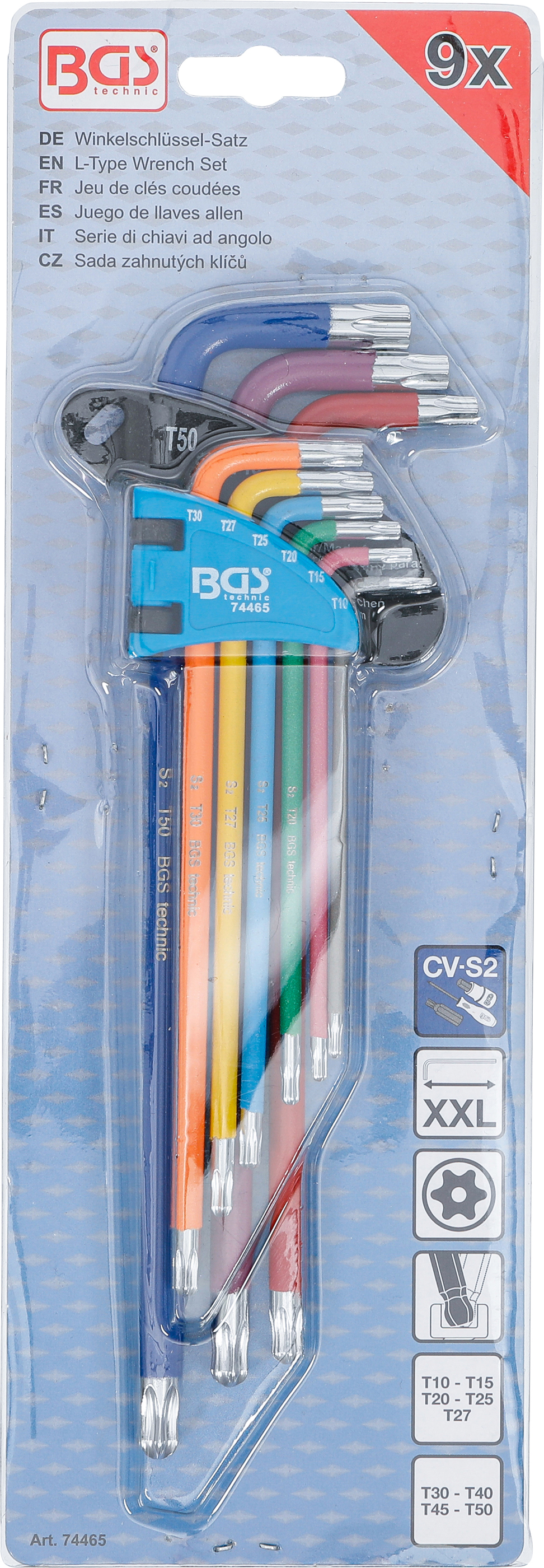 BGS Winkelschlüssel-Satz | Multicolour | extra lang | T-Profil (für Torx) mit Bohrung und Kugelkopf T10 - T50 | 9-tlg.