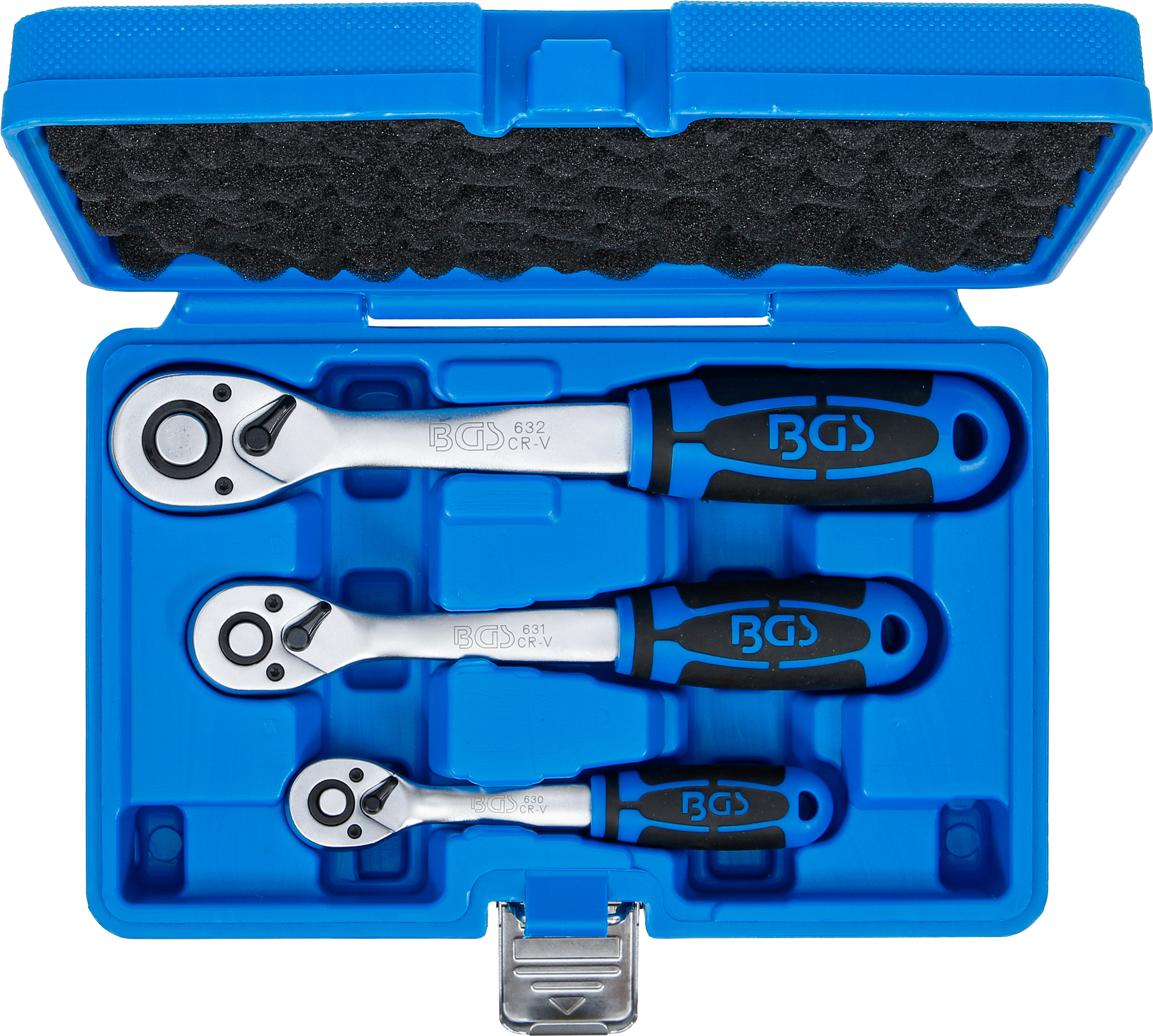 BGS Umschaltknarren-Satz | feinverzahnt | Abtrieb Außenvierkant 6,3 mm (1/4") - 10 mm (3/8") - 12,5 mm (1/2") | 3-tlg.