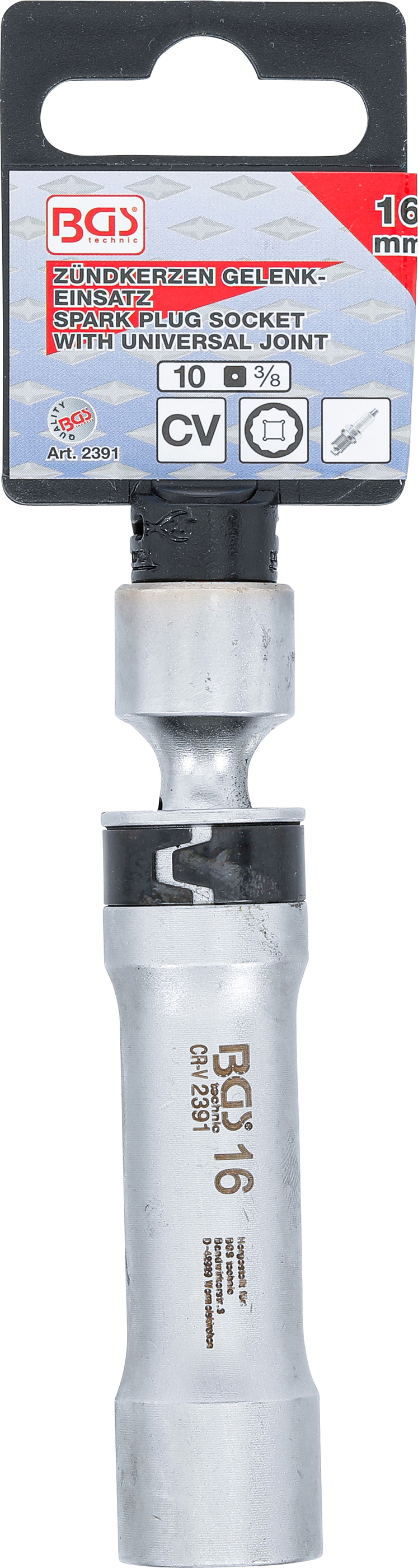 BGS Zündkerzen-Gelenkeinsatz Zwölfkant mit Haltefeder | Antrieb Innenvierkant 10 mm (3/8") | SW 16 mm