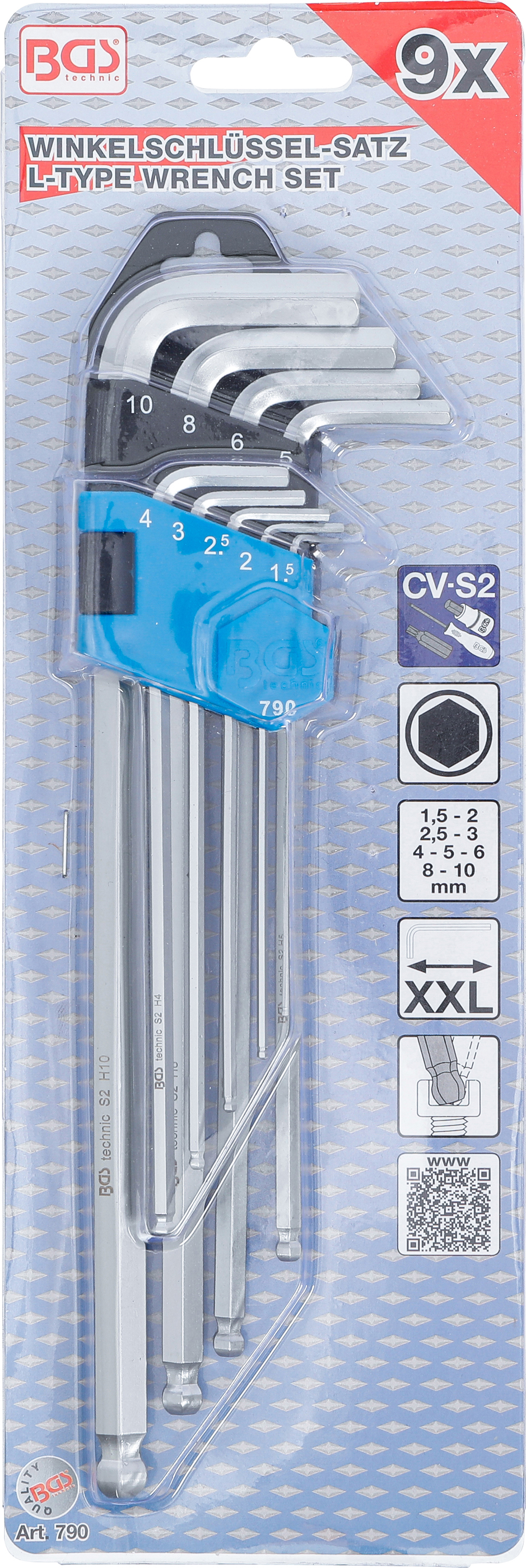 BGS Winkelschlüssel-Satz | extra lang | Innensechskant / Innensechskant mit Kugelkopf 1,5 - 10 mm | 9-tlg.