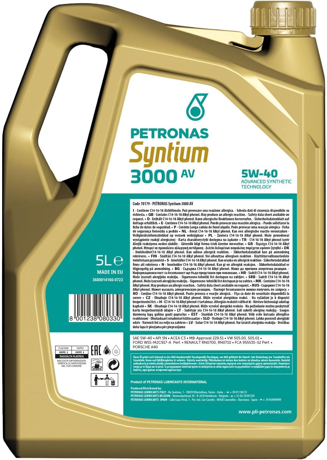 5W-40 Petronas Syntium 3000 AV Motoröl 5 Liter