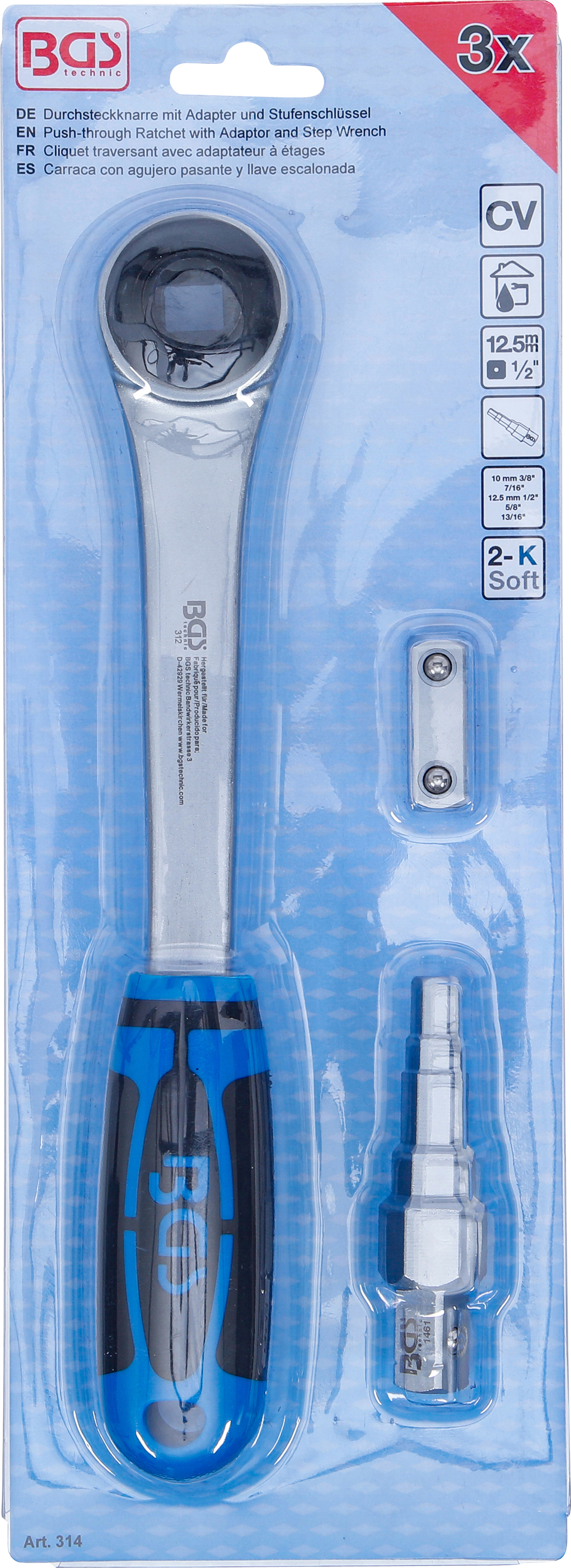 BGS Durchsteckknarre mit Adapter und Stufenschlüssel | Abtrieb Innenvierkant 12,5 mm (1/2")