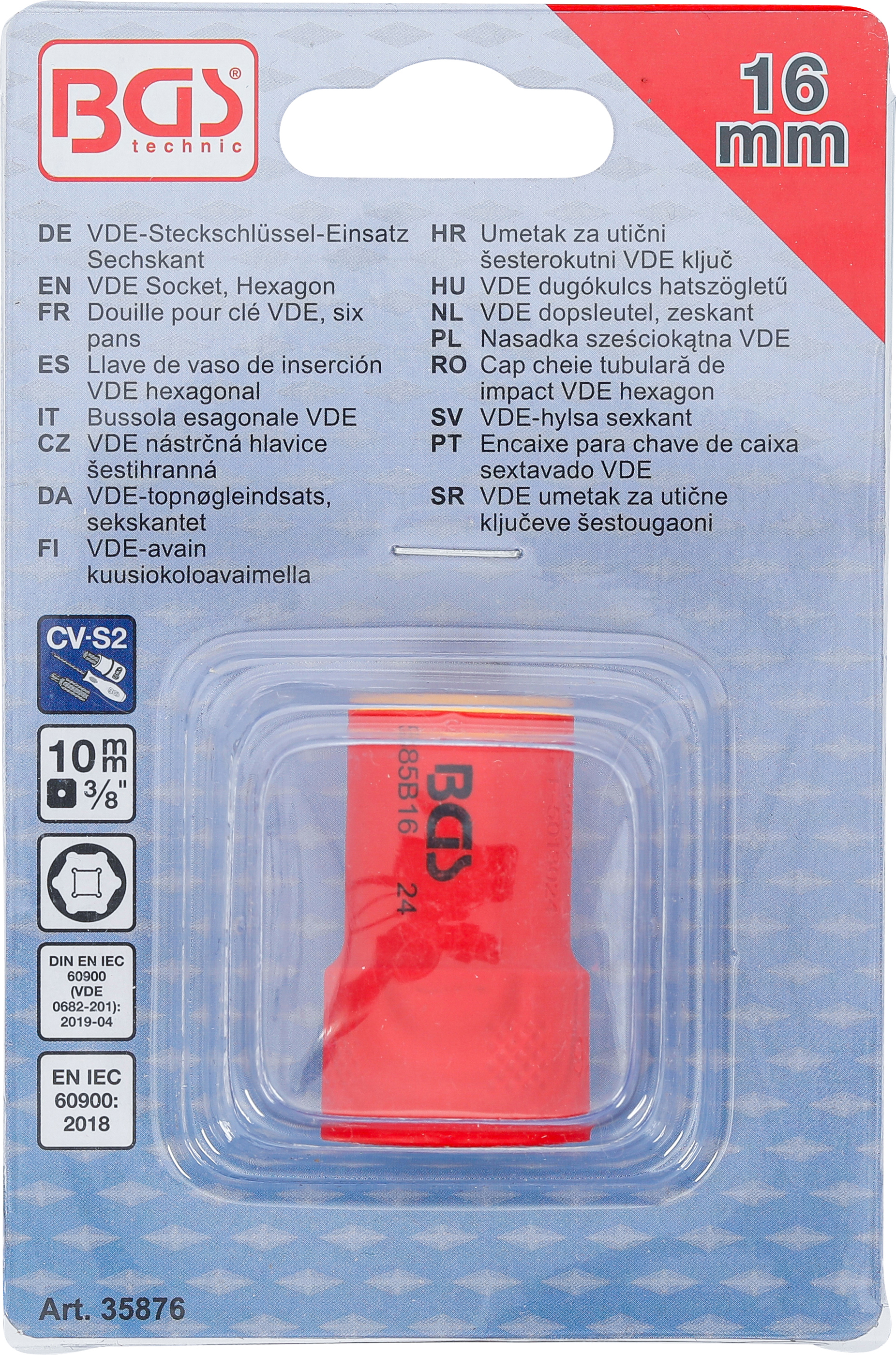 BGS VDE-Steckschlüssel-Einsatz Sechskant | Antrieb Innenvierkant 10 mm (3/8") | SW 16 mm